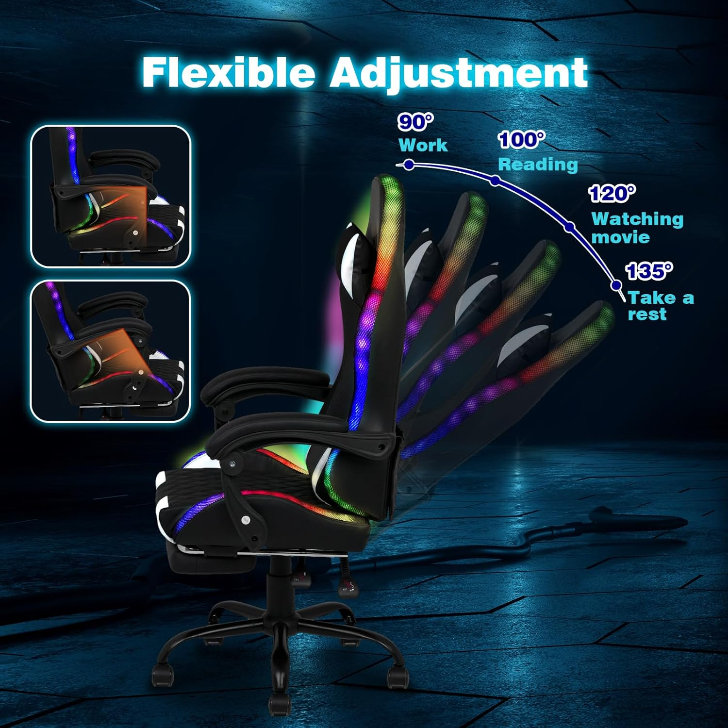 Ufurniture Gaming Office Chair RGB LED Lights,High Back Massagers Racing Recliner with Footrest,Ergonomic Executive Computer Chair with Lumbar Support,360&deg;Swivel,10Cm Height Adjustment Black & White - Full Black image number 6