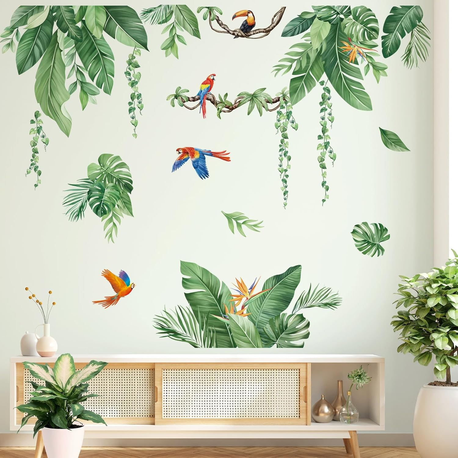 Decalmile Tropical Jungle Leaves Wall Decals Palm Leaf Hanging Vines Green Plants Wall Stickers Living Room Bedroom Tv Background Wall Decor image number 3