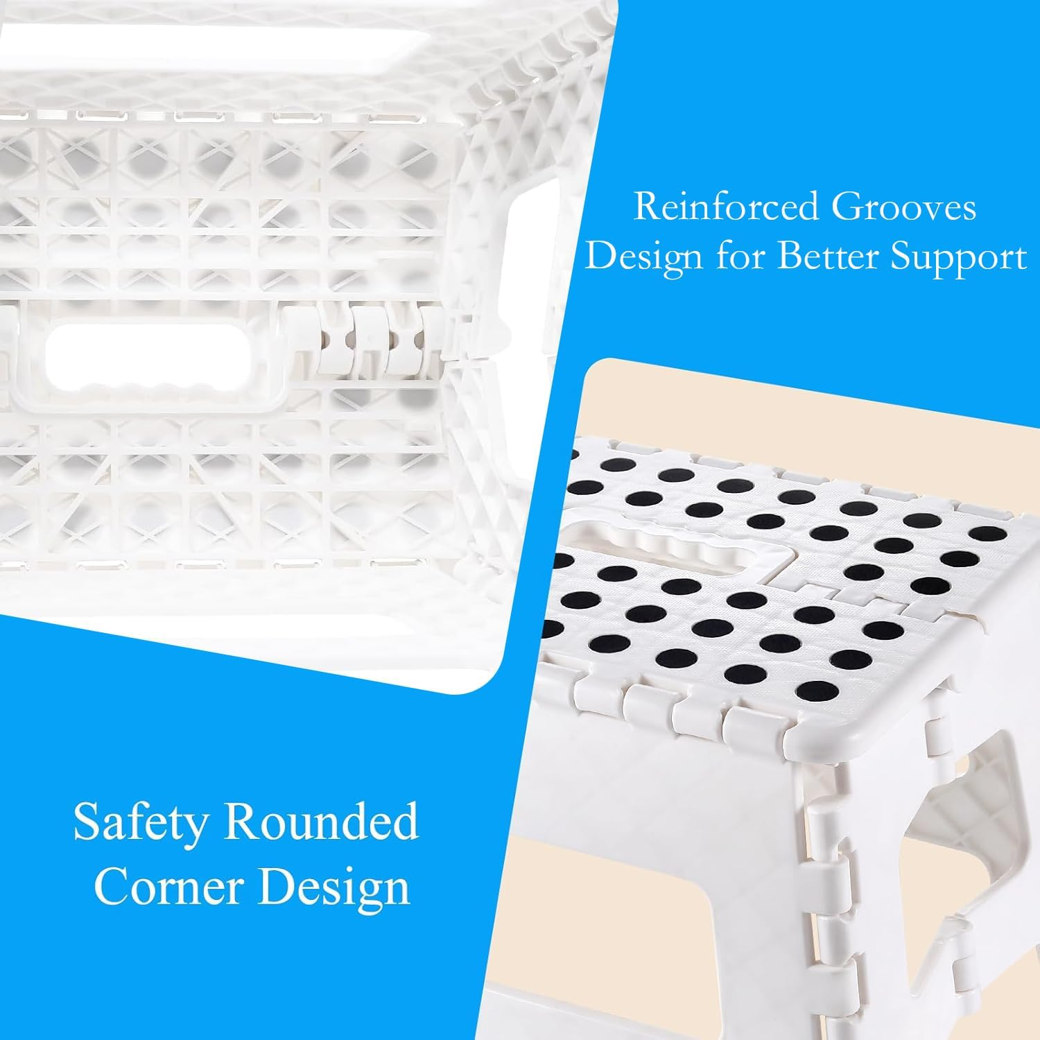 Folding Step Stool, 9 Inch Plastic Foldable Step Stool for Kids Adults - Holds up to 330 Lbs Foot Stool with Non-Slip Surface, Carry Handle for Kitchen Bathroom Bedroom (White) - White image number 5