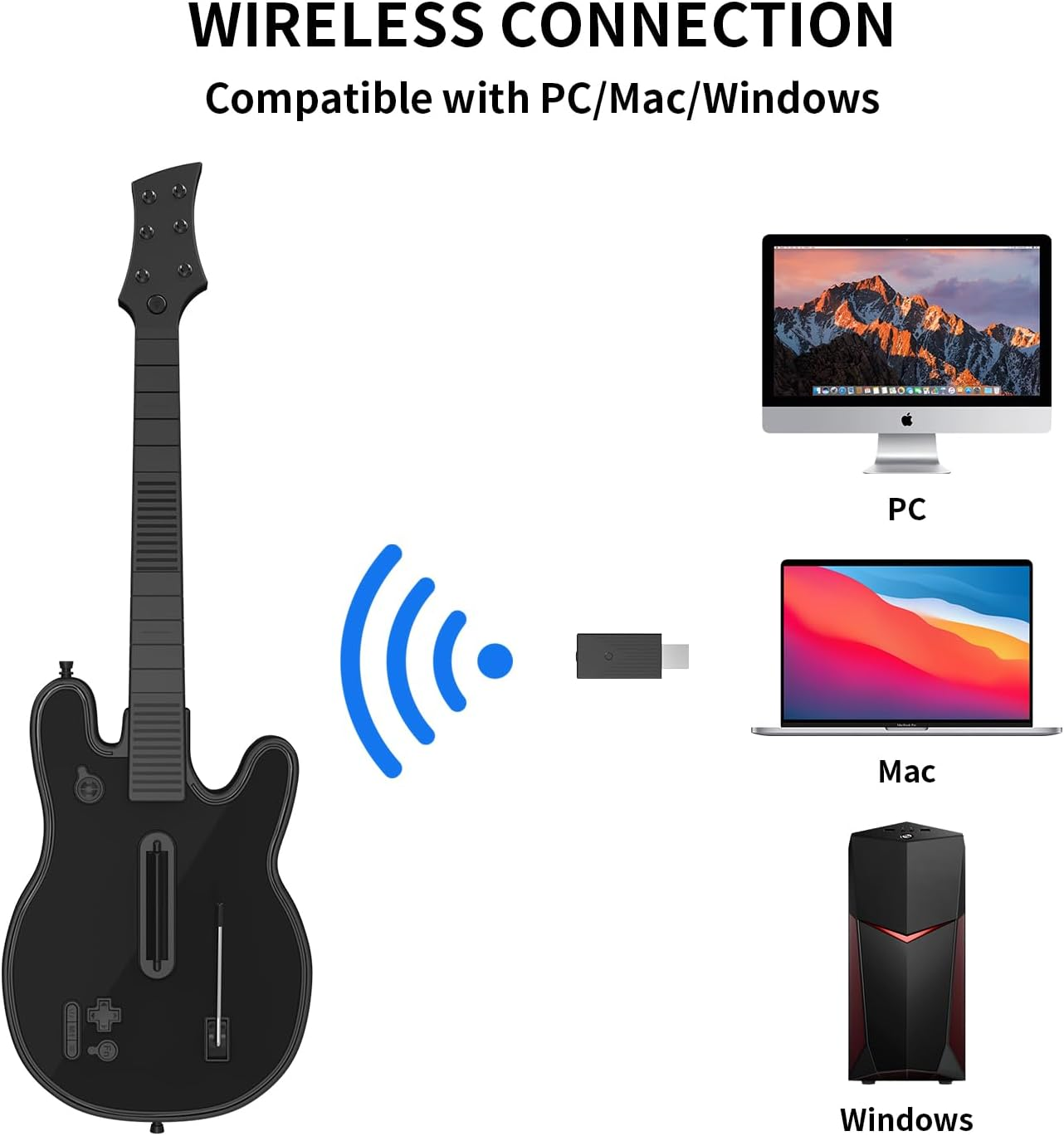 JJDWIN Wireless Guitar Hero Controller for PS4/PS3/PC with RGB Light, Rock Band & Clone Hero Games,  Festival with Strap & Wireless Dongle,Black image number 2