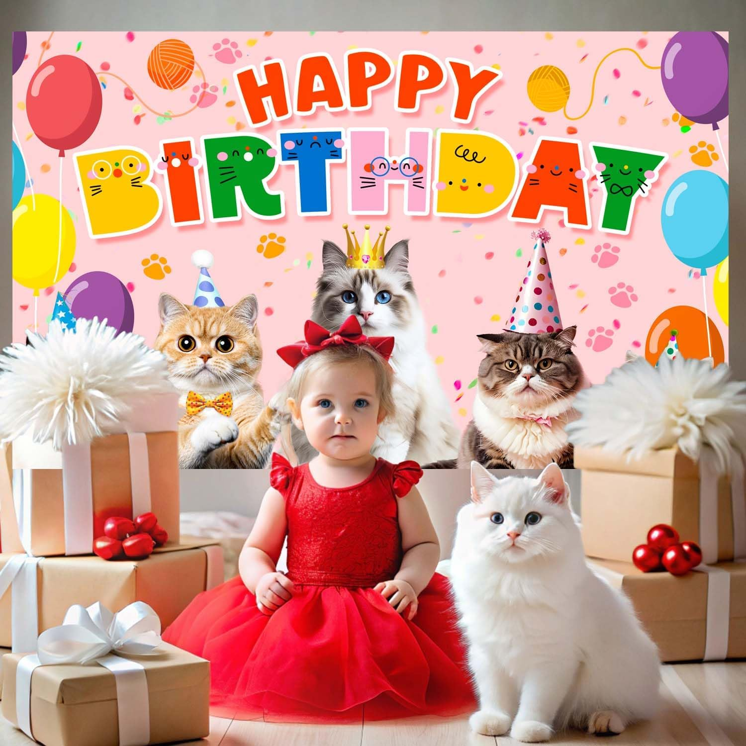Cat Happy Birthday Background, 110 X 180 Cm Cat Backdrop Cat Party Background Decoration Cat Birthday Banner Background for Cat Theme Party Decoration image number 2