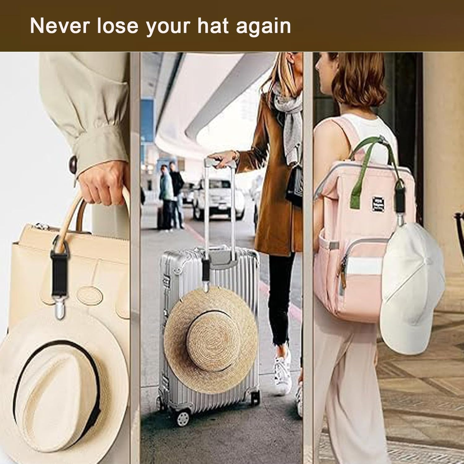 4 Pack Travel Hat Clip Elastic Hat Holder for Purse Hands-Free Bag Accessory for Traveling Bags Backpacks Purses Luggage Outdoor Travel Accessory, Black, Khaki, One Size