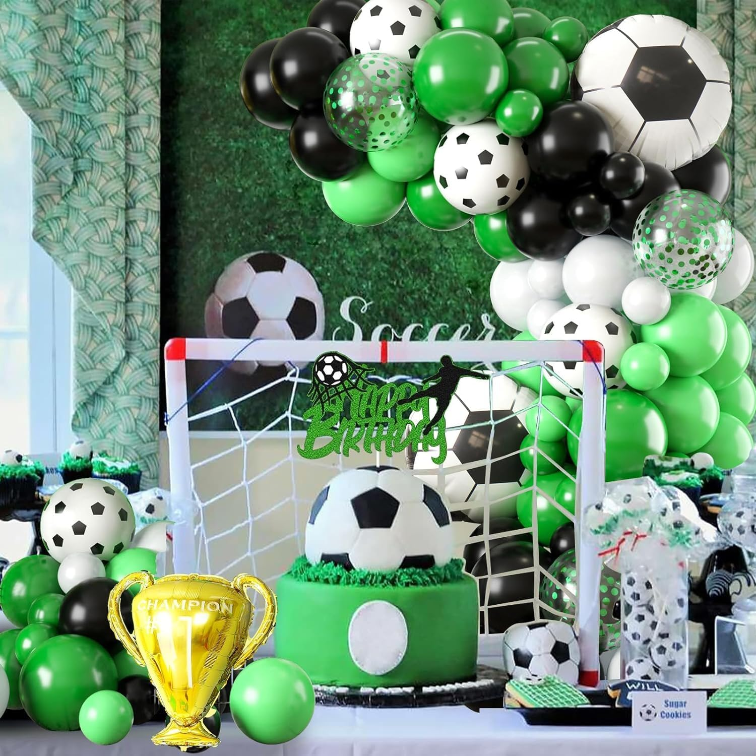 Soccer Balloon Arch Garland Kit 121 Pcs, Green Black White Confetti Balloons Decorations with Soccer Champion Cup Foil Balloons for Men Teen Kids Soccer Football Theme Birthday Party Decor Supplies image number 6