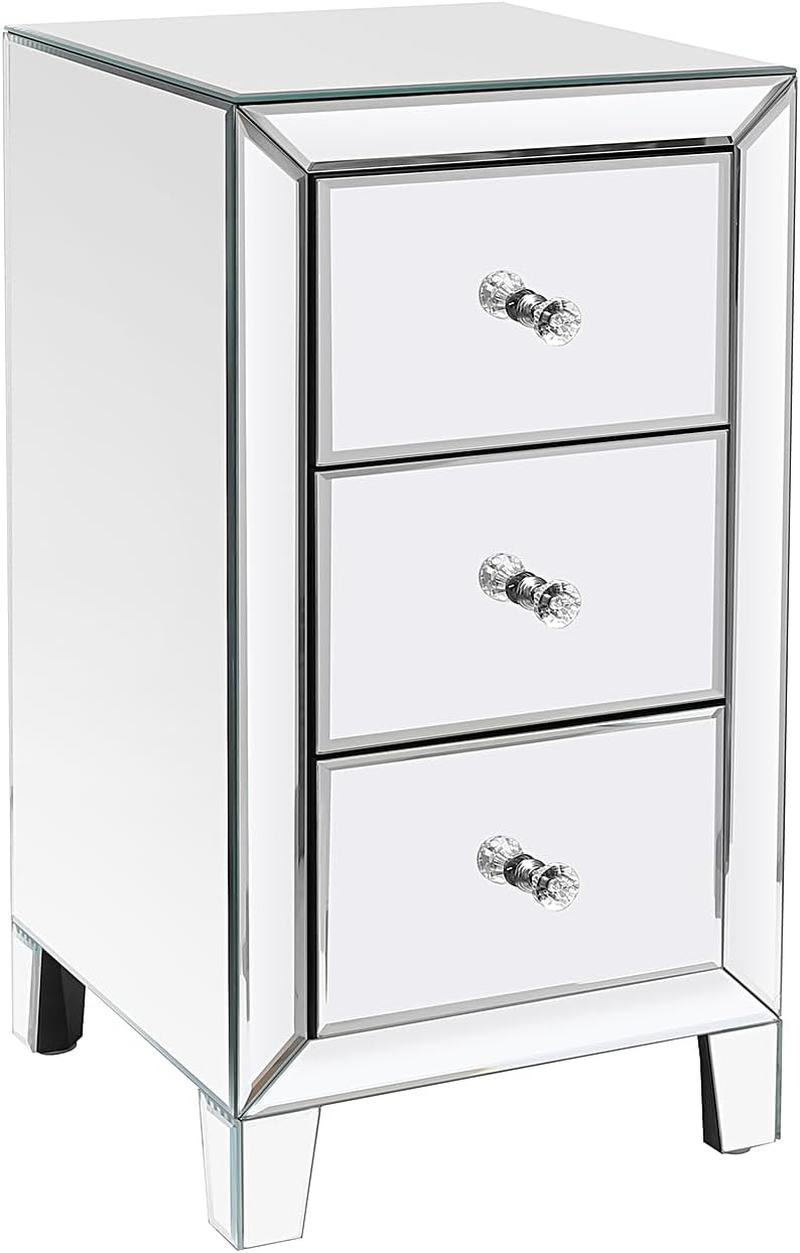 Design Glass Side Table Mirrored Nightstand with 3 Drawer End Table Mirror Accent Silver Table Mirrored Dresser,Nightstand Sets for Bedroom Mini Cabinet Bedside Tables Glass Tables Mirrored Furniture image number 5