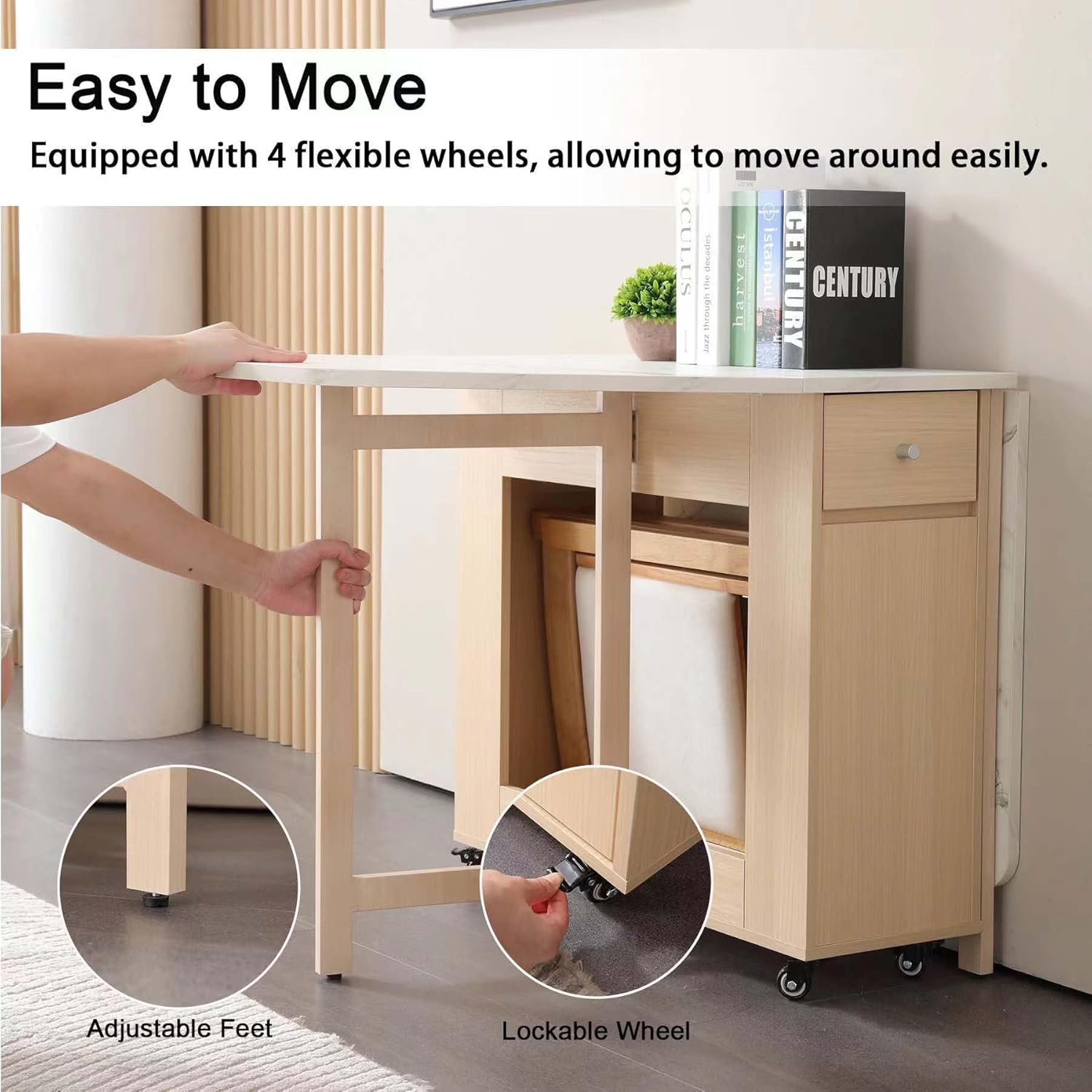 Foldable Dining Table, Space Saving Dining Table Extendable, Folding Dining Table with Storage and Wheels 2-Layers, Versatile Drop Leaf Table Modern for Living Room, Kitchen, RV Campers (Marble Wood) - Grey image number 7