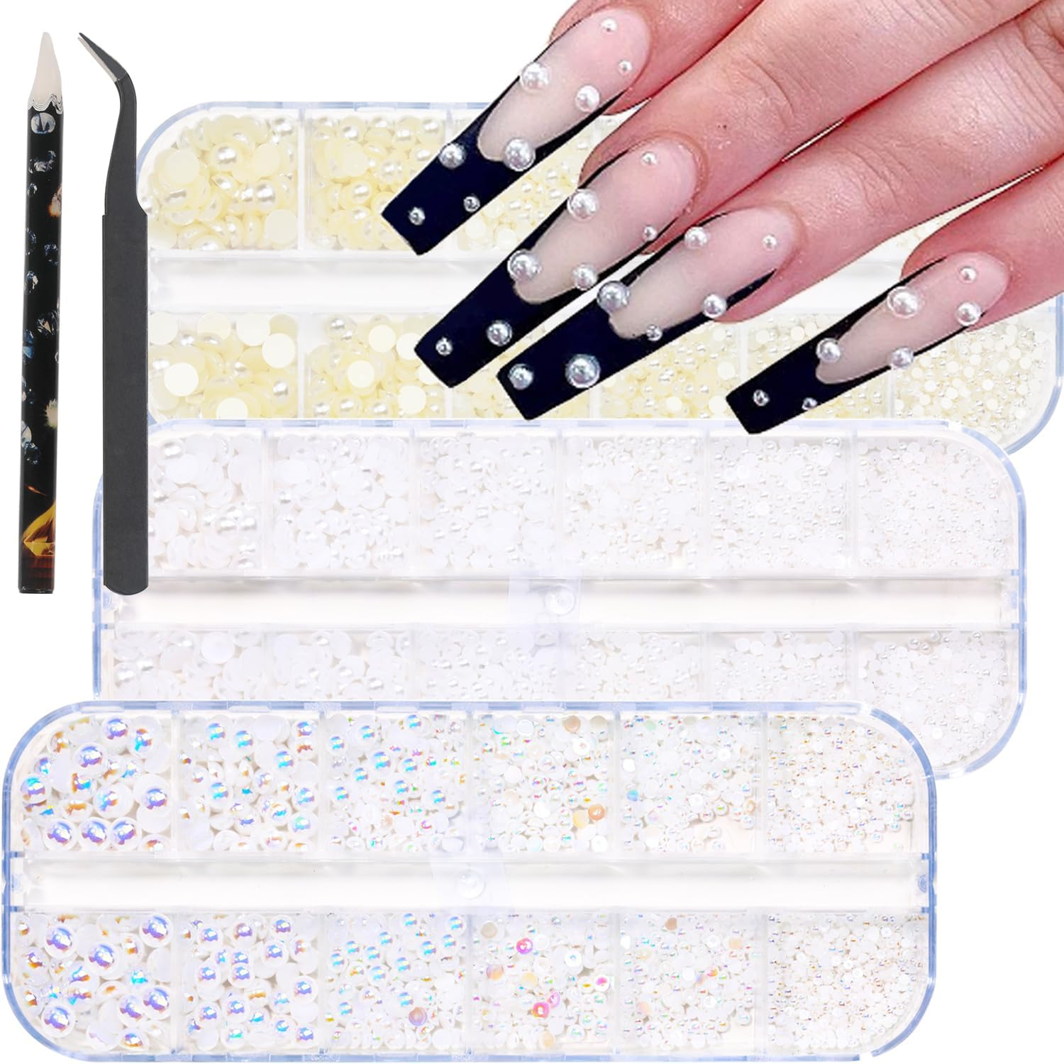 Nail Pearls White Nail Art Pearls Flatback AB Color Nail Pearls for Nail Art DIY Jewelry Pearls for Nails,With Pickup Pen and Tweezer Pearl Nail Gems Nail Art Pearls Mini Decoration Accessories Kit image number 1