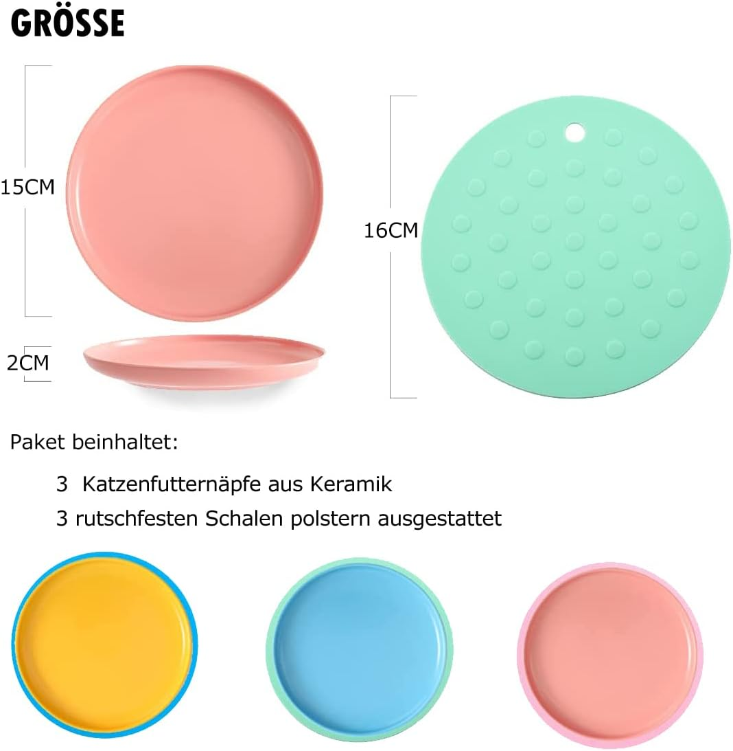 Cat Bowl, Ceramic Feeding Bowl, Cat Bowl, Set of 3, Colourful Cat Bowls, Porcelain Feeding Bowl, Flat Cat Plate, Cat Food Bowl Set, Diameter 15 Cm image number 4