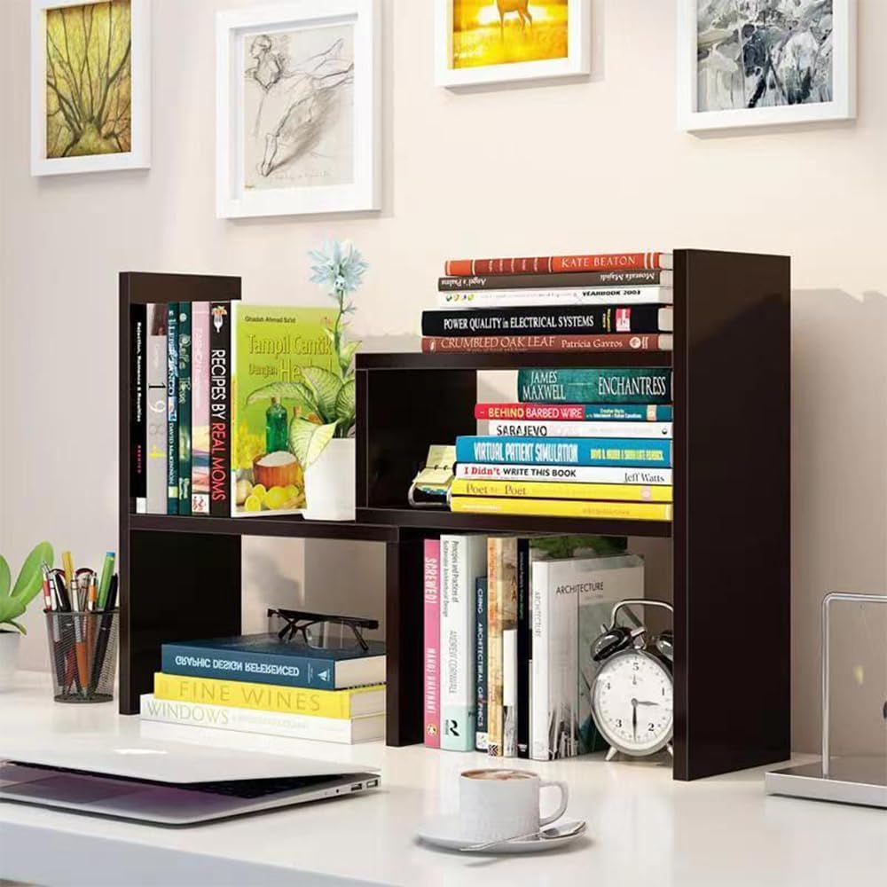 Hbluefat Desktop Bookshelf,Small Desk Shelf Organizer Mini Shelves Adjustable Desk Bookcase Display Organizer for Home Office, Bedroom, Living Room (Dark Walnut)