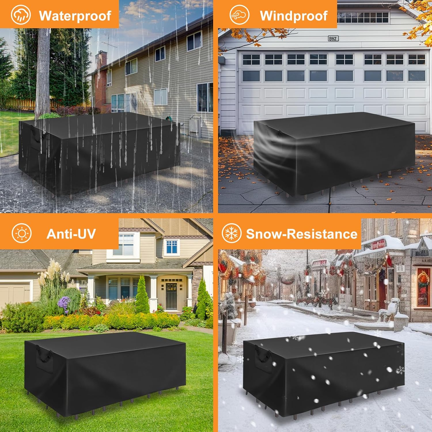 Patio Furniture Cover Waterproof 110''X83''X28'' / 279X210X71Cm Large Outdoor Furniture Cover Heavy Duty 420D Oxford Cloth Weatherproof Garden Dining Table Chair Set Cover, Black
