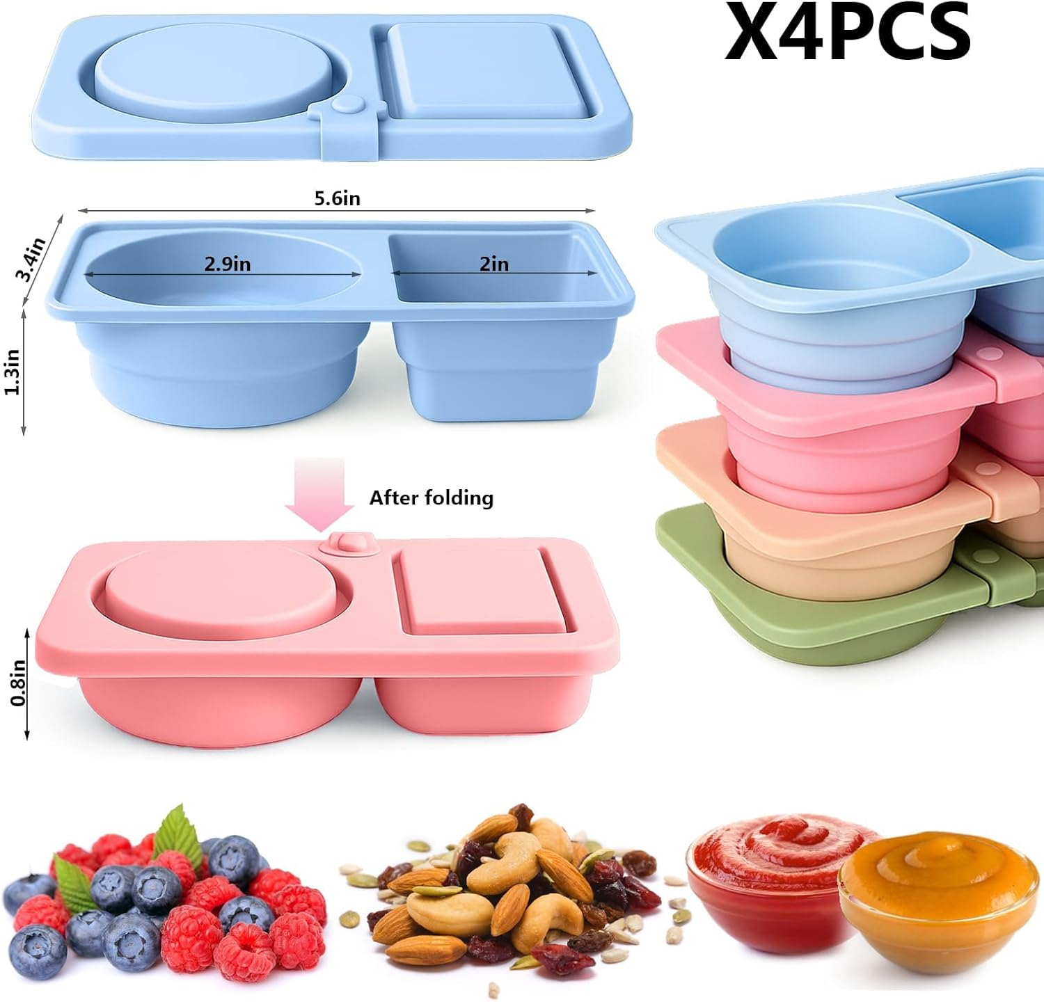 4 Pack Silicone Reusable Snack Containers with Lids, Double Compartment Snackle Box Containers, Salad Dressing Sauce Seasoning Container, Small Mini Food Snack Boxs for Travel, Office, Picnic image number 3