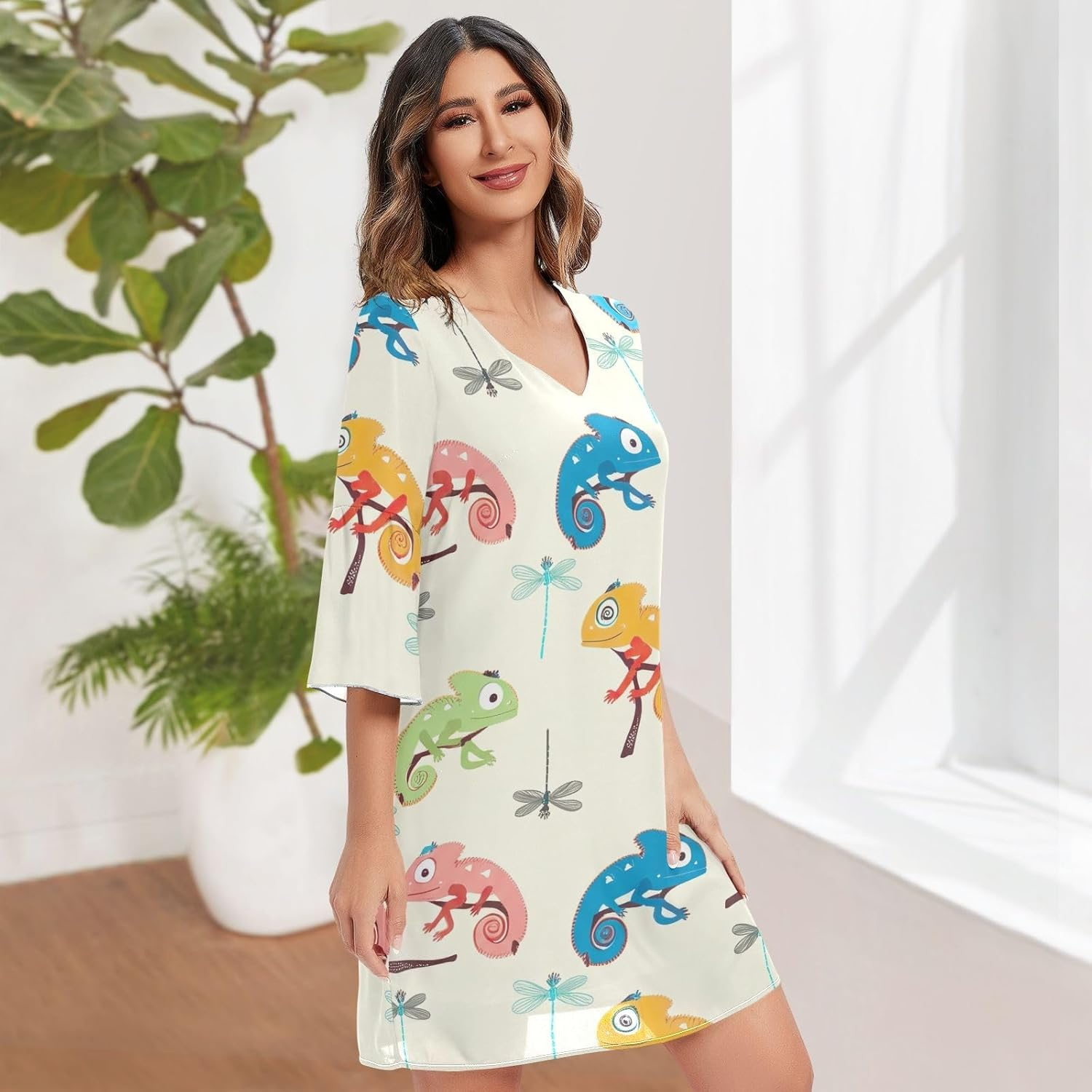 Colorful Chameleons Dragonflies Cream Western a Line Dress Printed Line Maternity Dress S-XXL
