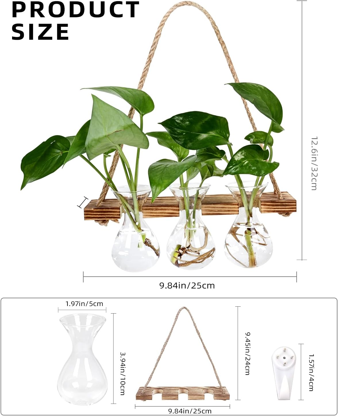 Wall Hanging Planter for Indoor Plants - Unique Propagation Stations with 3 Glass Bottles, Wall Planters for Home Decoration, Hanging Plant Holder and Hanger. image number 1