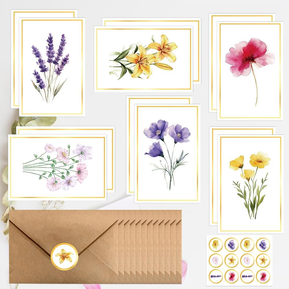 Blank Cards, 72 Pack Blank Greeting Cards & Envelops & Stickers Set, Elegant Floral Design Gold Foil Blank Note Cards, Perfect Stationary Note Cards Set for All Occasions(24Cards+24Envelops+24Stickers) image number 5