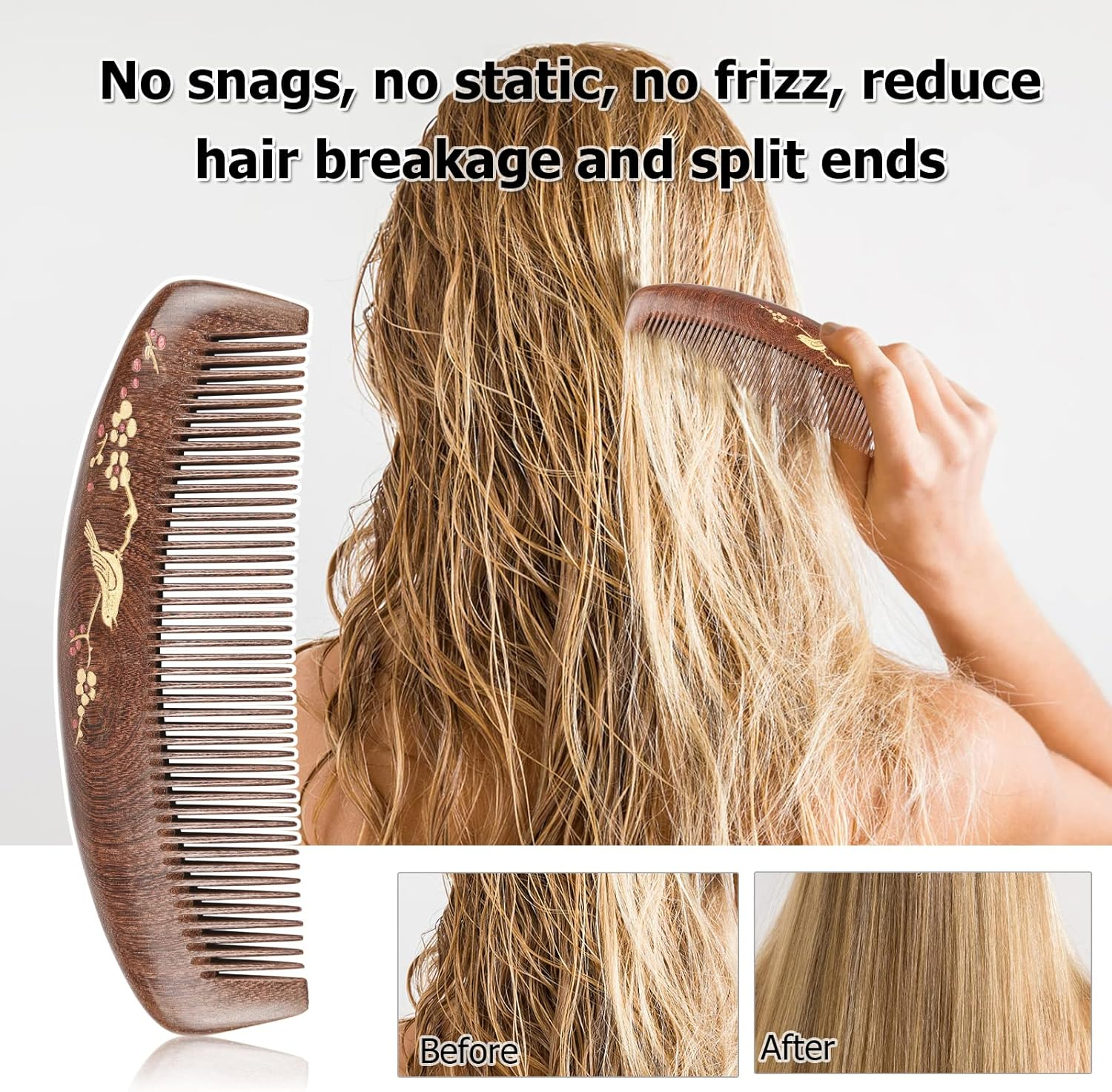 Yasao Wooden Hair Comb Fine Tooth Wood Comb for Women No Static Natural Detangling Sandalwood Comb