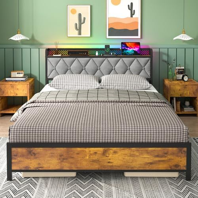 Ufurniture Queen Bed Frame with Headboard Storage, Industrial Metal Bed Base with USB Ports and LED Light, Mattress Platform with Charging Station, Bedroom Furniture