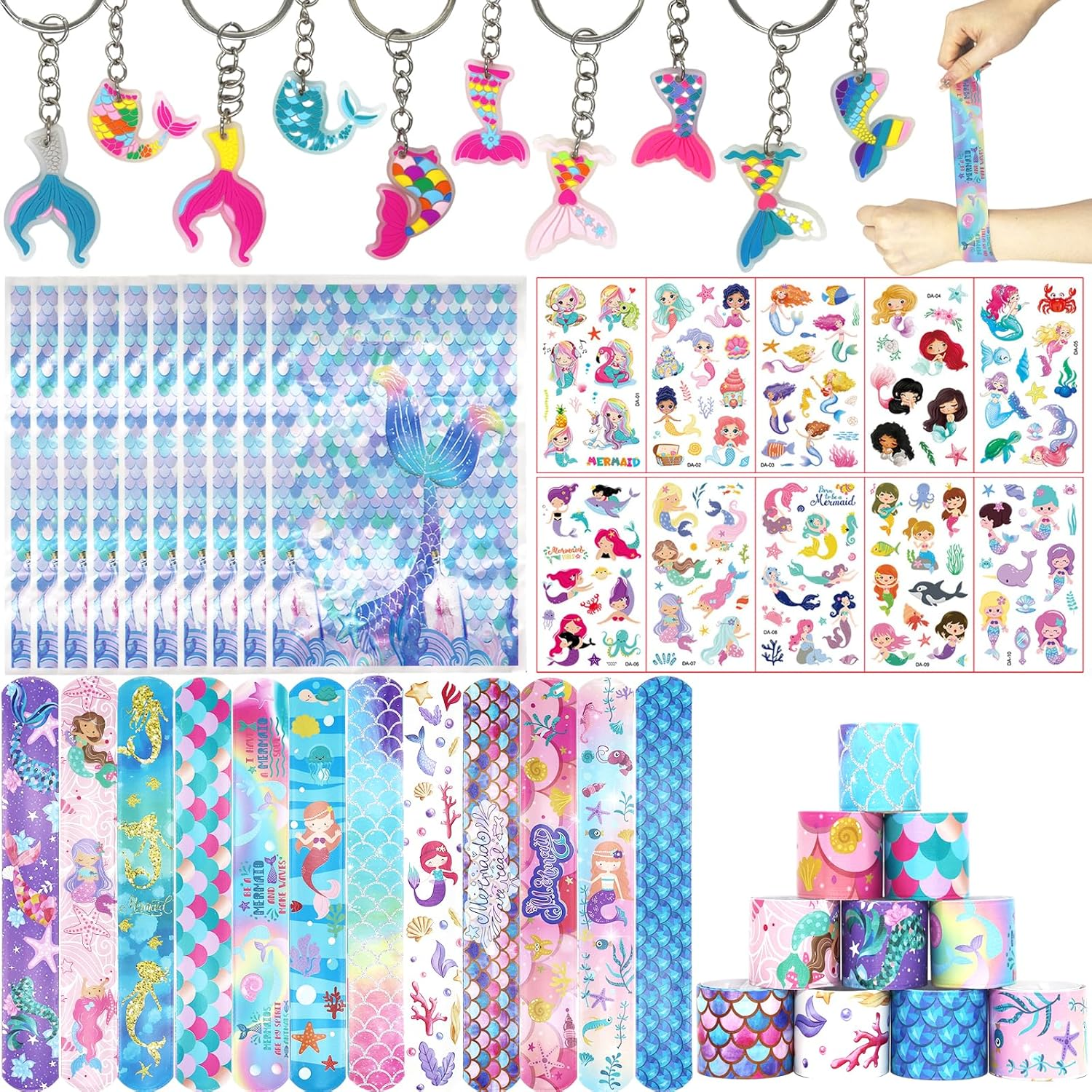 Mermaid Party Bag Fillers for Kids Boys Girls, 42Pcs Mermaid Assorted Toys Pinata Filler with Slap Bands Gift Bags Stickers Keychains Trick & Treat Goody Bag Fillers for Christmas Party image number 1
