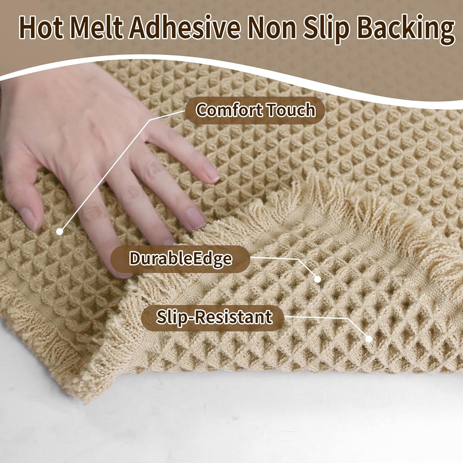 Cosinst Waffle Bath Mat 46X77Cm Super Absorbent Non Slip Comfortable Carpet for Tub, Shower Room, Machine Wash Quick Dry Bath Rugs with Tassels, Rubber Backed Bathroom Mats, Ultra Soft, Brown image number 3