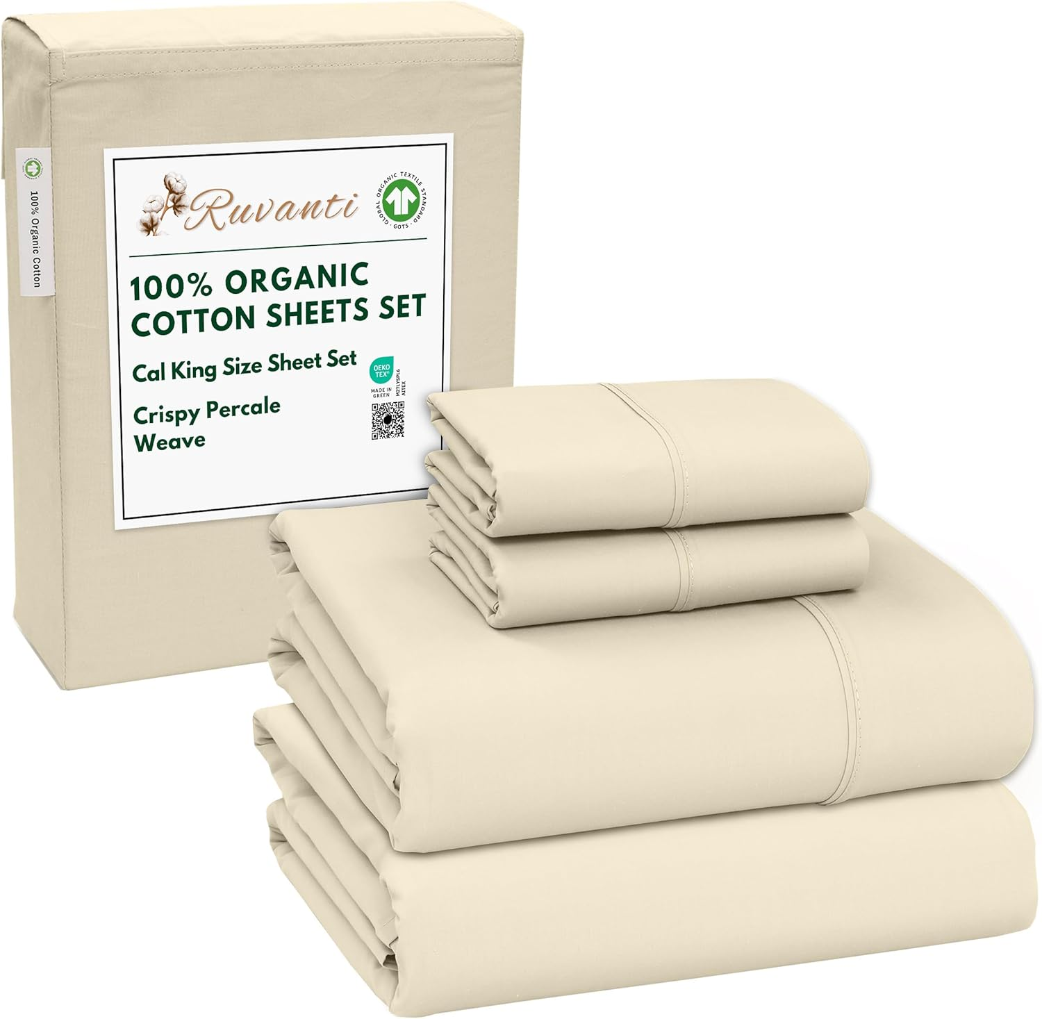 RUVANTI 100% Organic Cotton Sheets Queen Size, Percale Weave, GOTS Certified, 4-Piece Set, Deep Pocket 15", Crisp & Breathable, Soft Durable Bedding, S&aacute;banas Algod&oacute;n Org&aacute;nico &ndash; Cloud Cream
