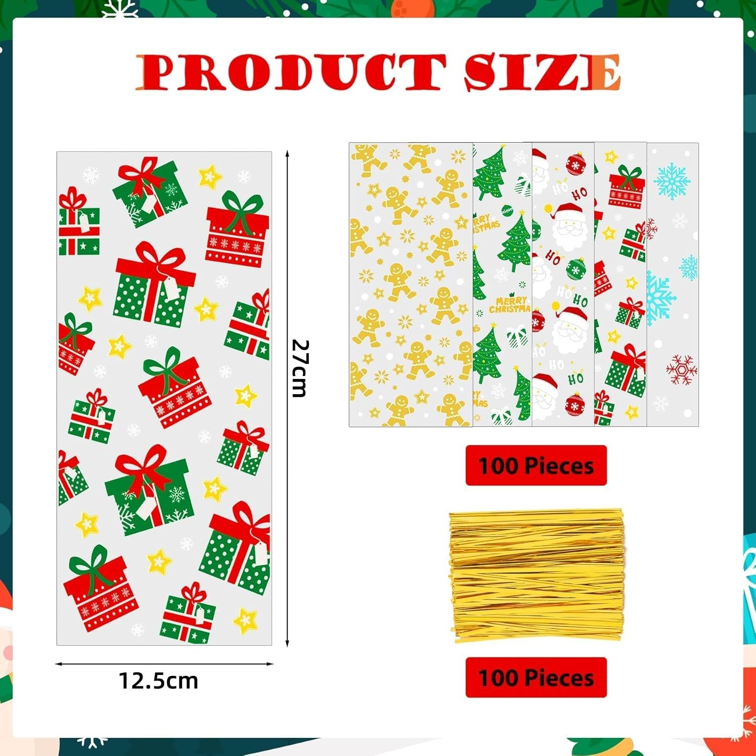 Xmas Candy Bags with Twist Tie, 10 Styles Christmas Cellophane Candy Bags, 100 Pcs Twist Ties for Cookie Goodies Gift Present Wrap Xmas Party Favor Supplies 5 Styles image number 1