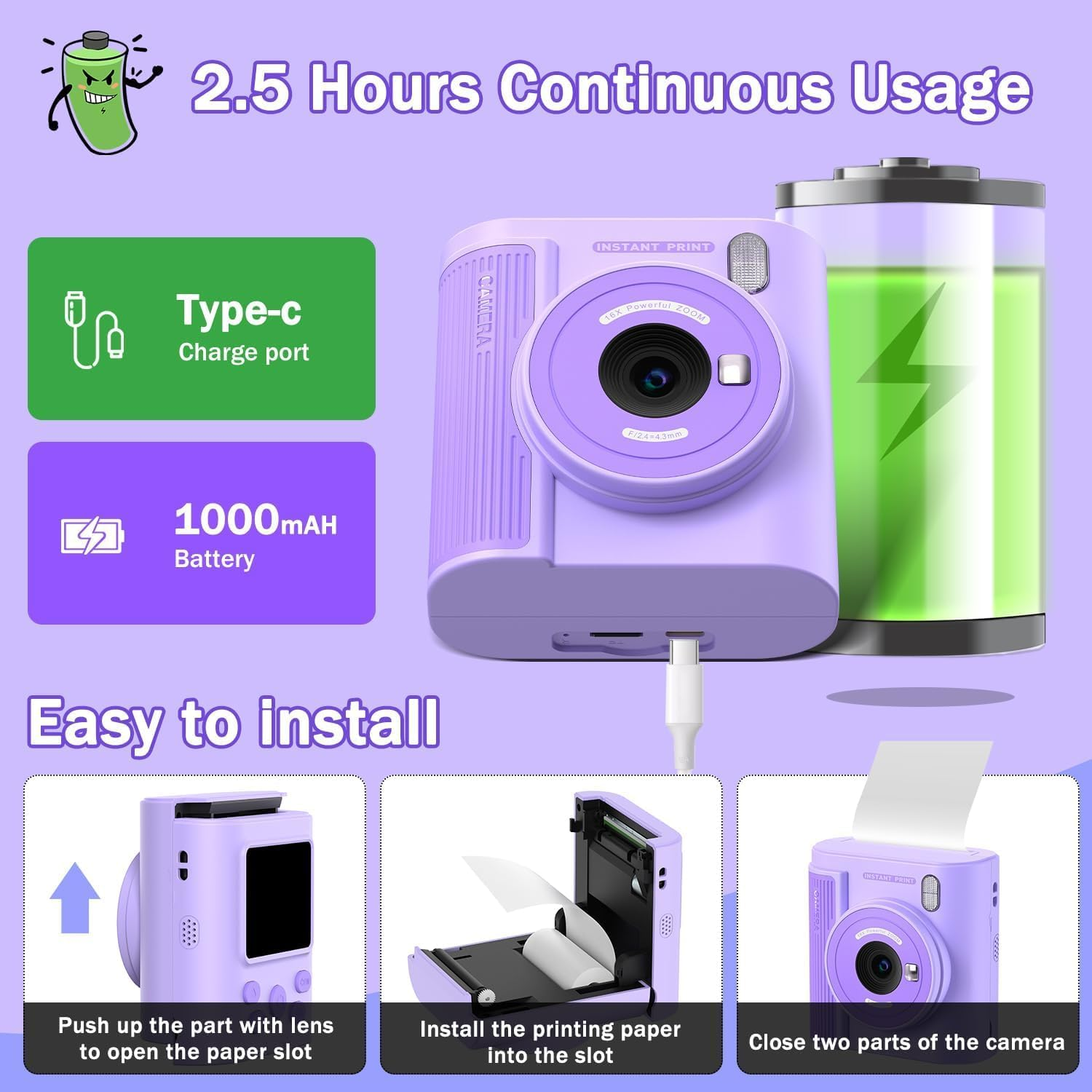 ZONEY Instant Print Camera for Kids, Birthday Gifts for Girls Boys,1080P Kids Digital Camera with Dual Camera Toys for 4 5 6 7 8 9 10 Year Old Girl with 32GB SD Card(Purple) image number 2