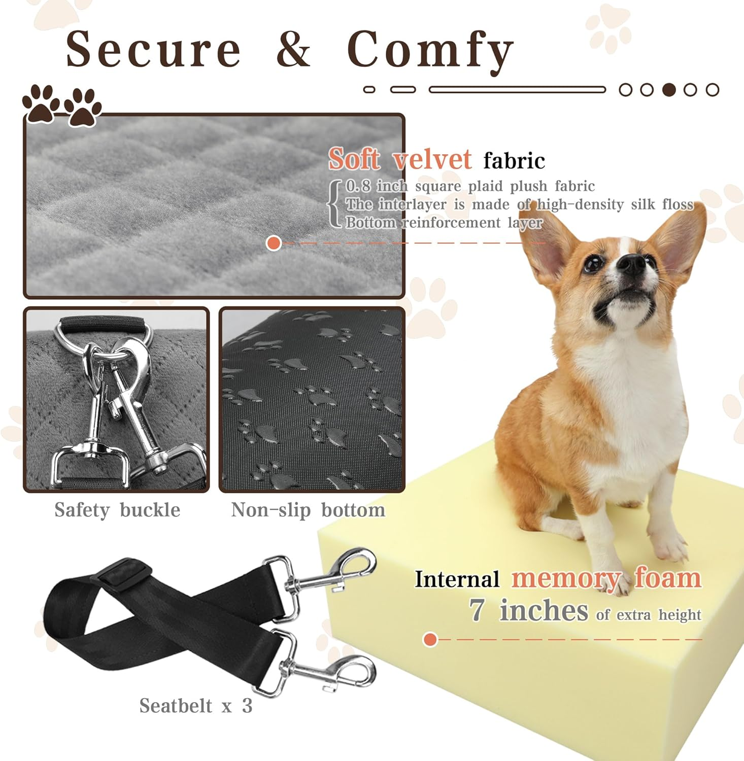 Dog Booster Car Seat for Small/Medium Dogs up to 35 Lbs,Interior 7 Inches Elevated Pet Booster Seat,Ultra Soft Fabric and Memory Foam Car Dog Bed,Safety,Comfy,Fully Detachable Washable(H-Black/Grey) image number 3