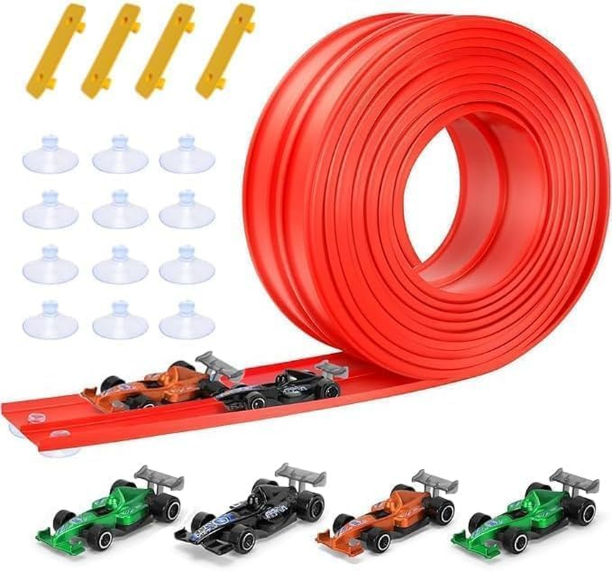3.9 M Flexible Race Car Track, Rolls up Portable Racetrack with Suction Cups, DIY Highway with 4 Cars,Compatible with Diecast 1/64Th Cars,Kid Toy for Ages 3 & Up(Red) image number 2