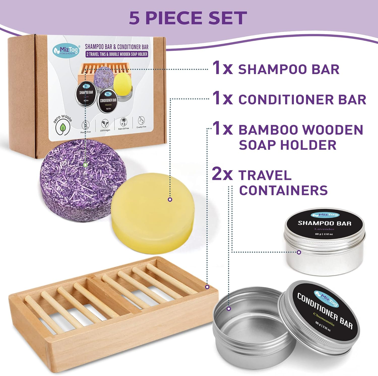 Shampoo Bar Conditioner Set with Shampoo Bar Holder & Travel Tins Included - 5Pcs. Vegan, Eco-Friendly & Paraben-Free. image number 6