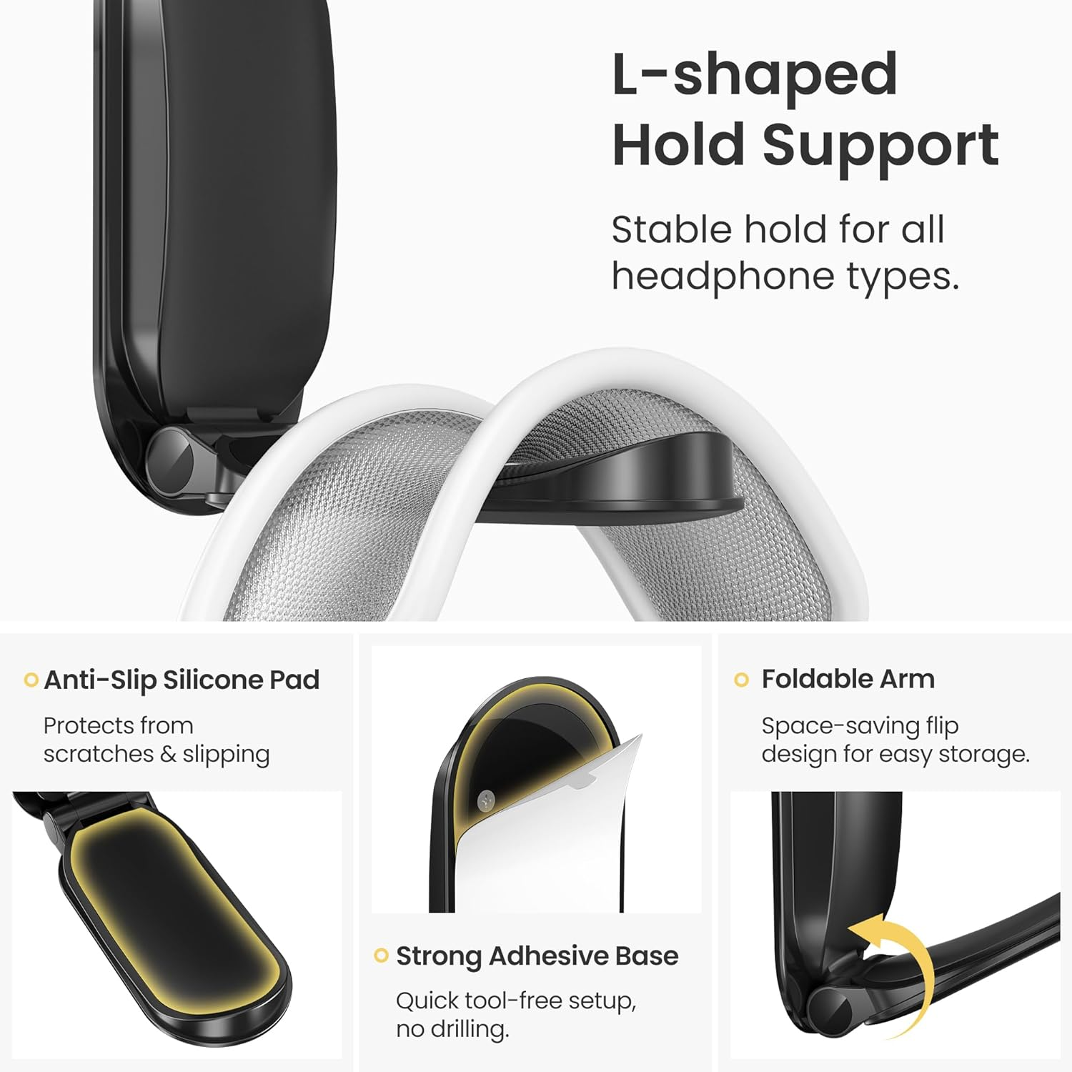 Itramax Wall Mount Headphone Hanger,Adhesive Headset Holder under Desk,2 Pack Magnetic Headphone Monitor Stand Hook, Foldable Sticky PC Gaming Headset Earphone Clamp for Airpods Max,Hyperx,Xbox-Black image number 6