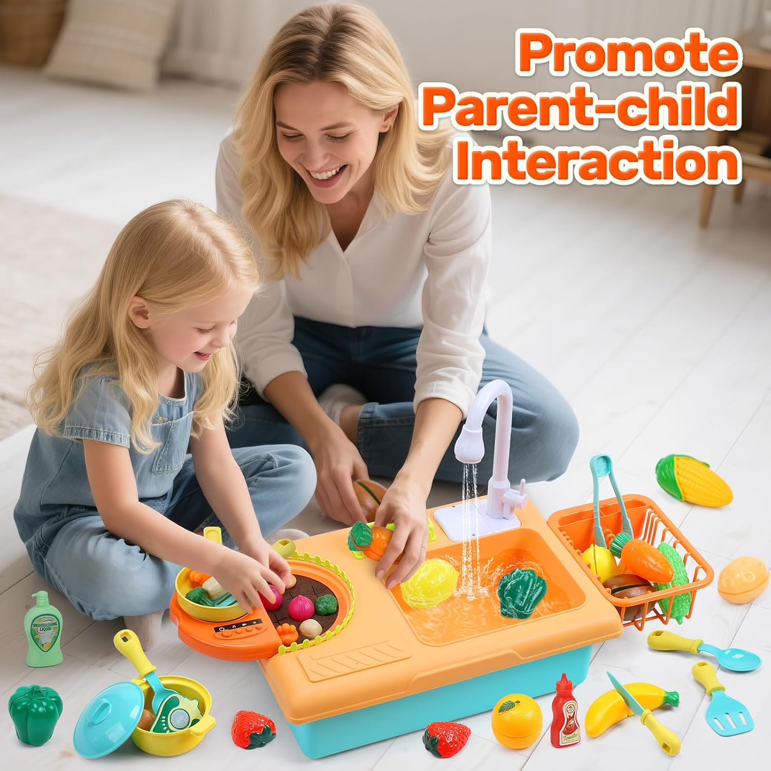 CUTE STONE Play Sink with Running Water, Toddler Sink Toy with Upgraded Electric Faucet, Play Kitchen Accessories, Cooking Stove, Vegetable Garden Toys, Learning Kitchen Toys for Kids image number 3