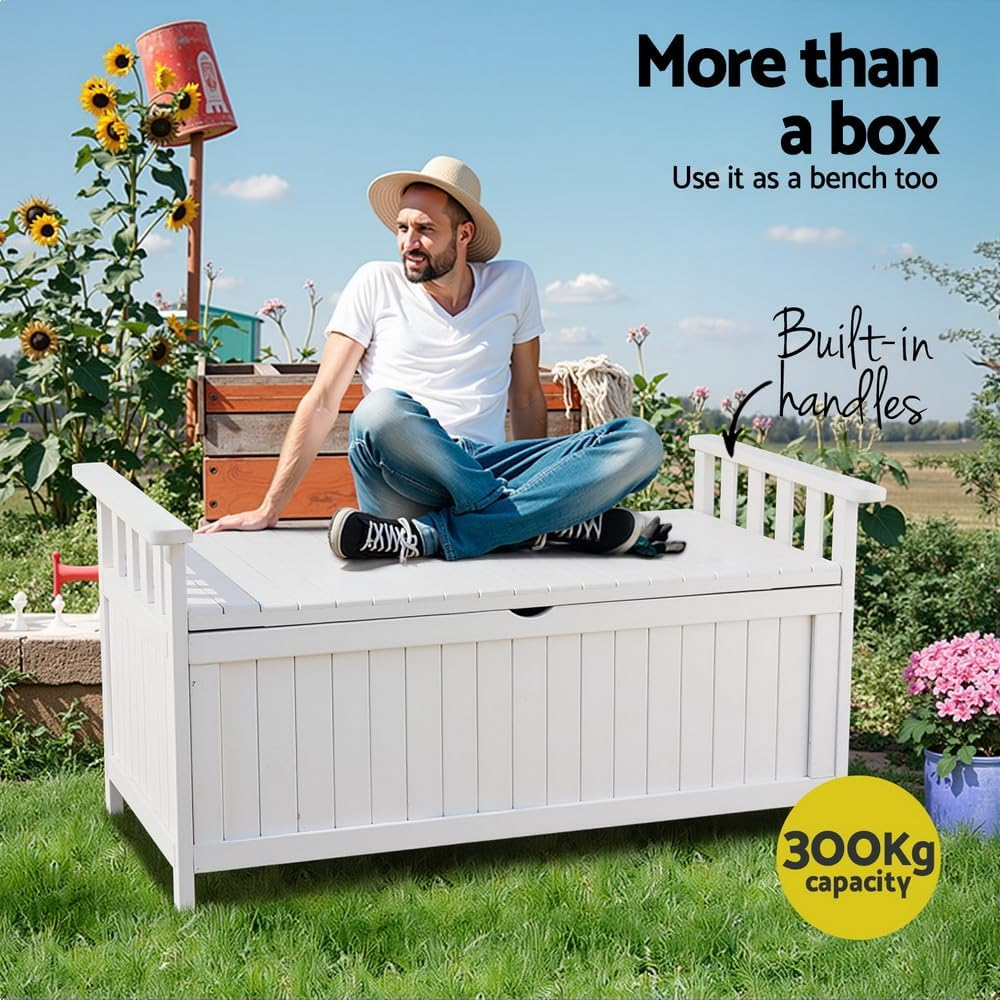 Gardeon Outdoor Storage Bench Box Wooden Garden Toy Tool Patio Furniture White image number 6