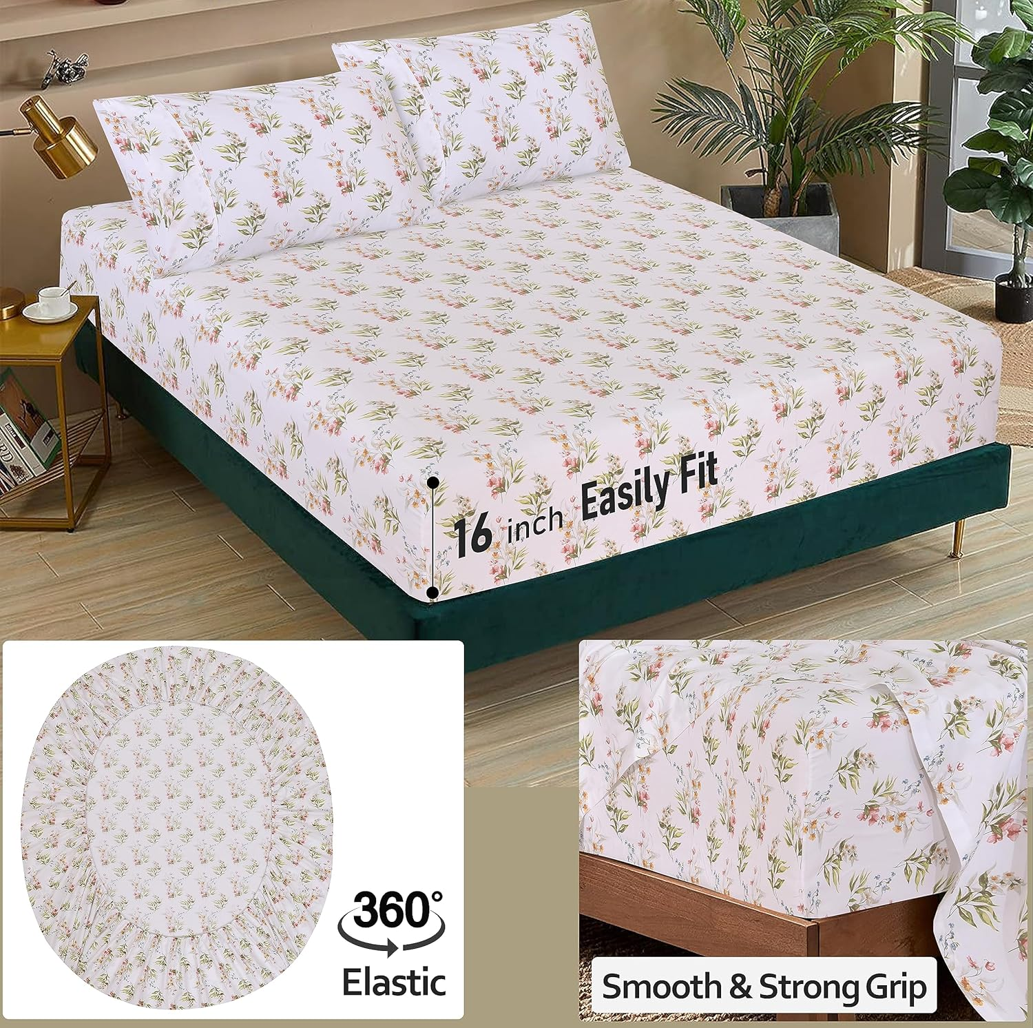 RUVANTI 100% Cotton Split King Sheets Sets for Adjustable Bed, 5 Pcs, Soft & Breathable Percale Weave Bedding, Deep Pocket 16", Hotel Standard, Crisp Cool Feel & Durable, Floral Sheet, Floral Bliss image number 6