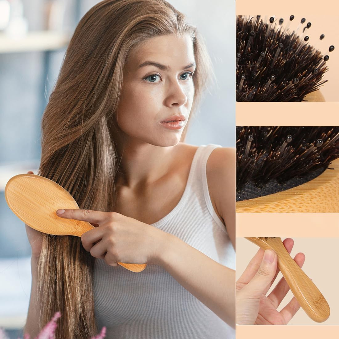 2Pcs Bamboo Boar Bristle Hair Brush Soft Nylon Blend Detangling Brush,Bamboo Hair Brush Wood with Natural Pins,Bamboo Wood Hair Brush Detangling Brush Hair Brush,Bamboo Hair Brush with Boar Bristles image number 3