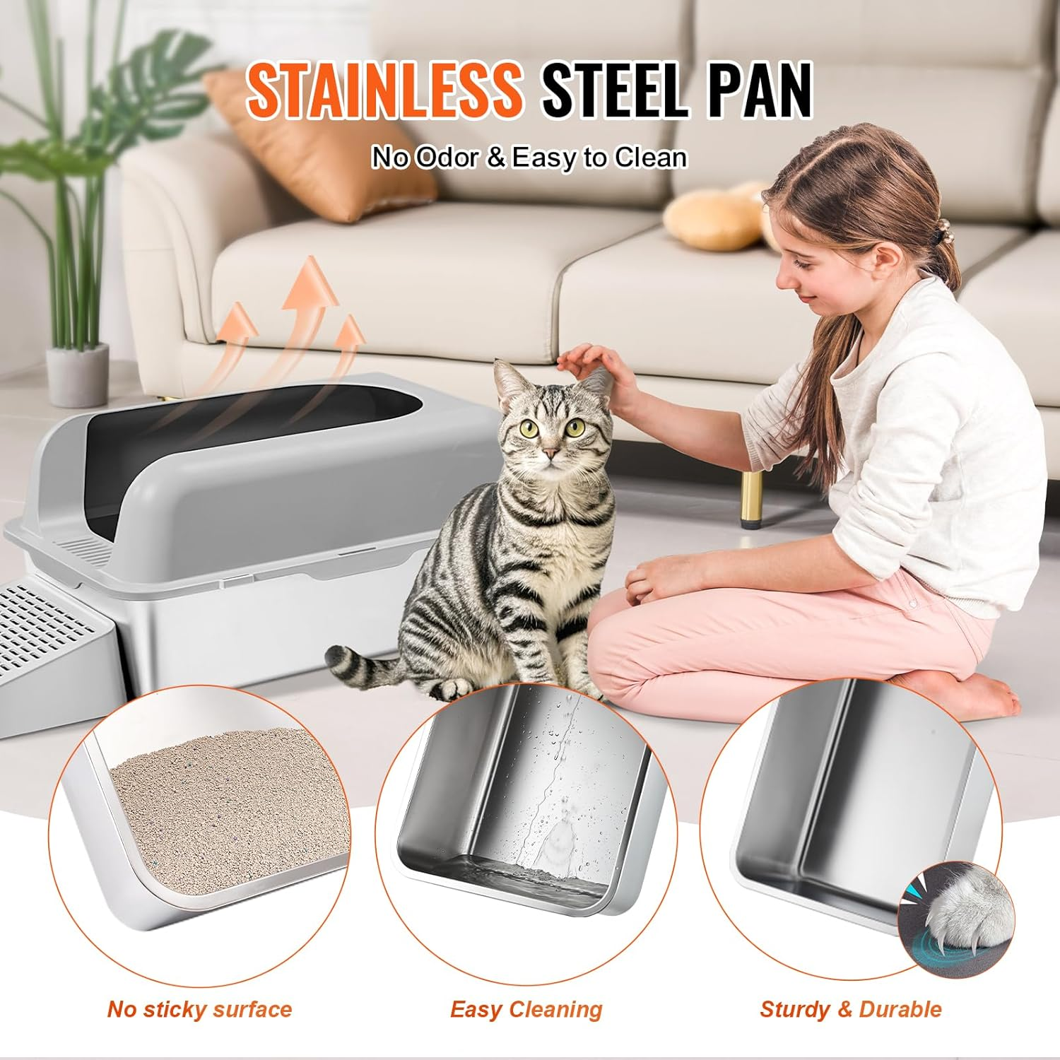 VEVOR Cat Litter Box, 152 Mm Deep, XL Extra Large Stainless Steel Cat Litter Box with Scoop, Wide Filtering Foot Board & High Sides, Enclosed Odor-Free Easy-To-Clean Litter Box, Fit for Big Cats image number 4
