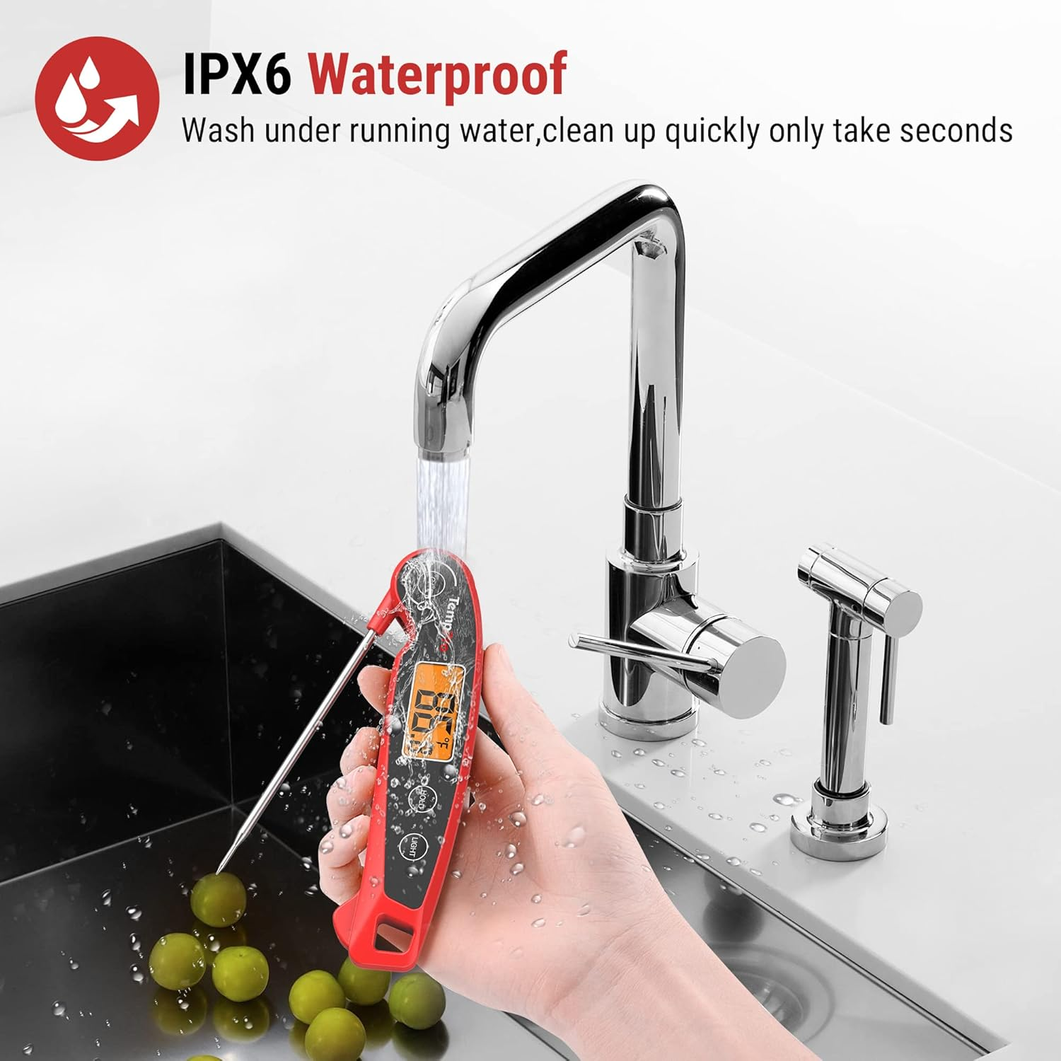 Temppro F05 Digital Meat Thermometer for Cooking with Motion Sensing, Waterproof Food Thermometer for Kitchen BBQ Oil Grill Smoker Candy Thermometer Black/Red image number 2