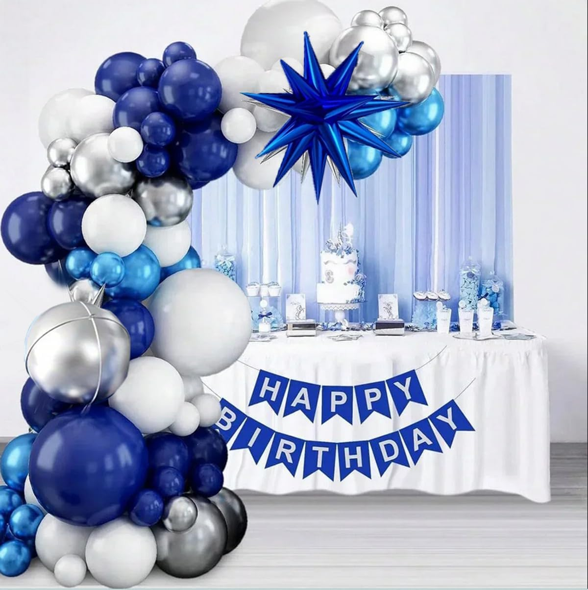 Blue White Balloon Arch Kit, Navy Blue Silver White Balloon Garland with Star Foil Balloons for Birthday Wedding Graduation Party Decoration