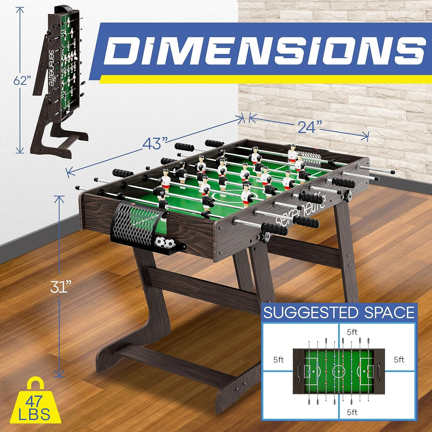 Serenelife Folding Foosball Table, 4&rsquo; X 2&rsquo; Full Competition Size Foldable Space Saving Table Soccer for Home, Arcade Game Room, Family Game Night, Perfect for Kids & Adults, Black