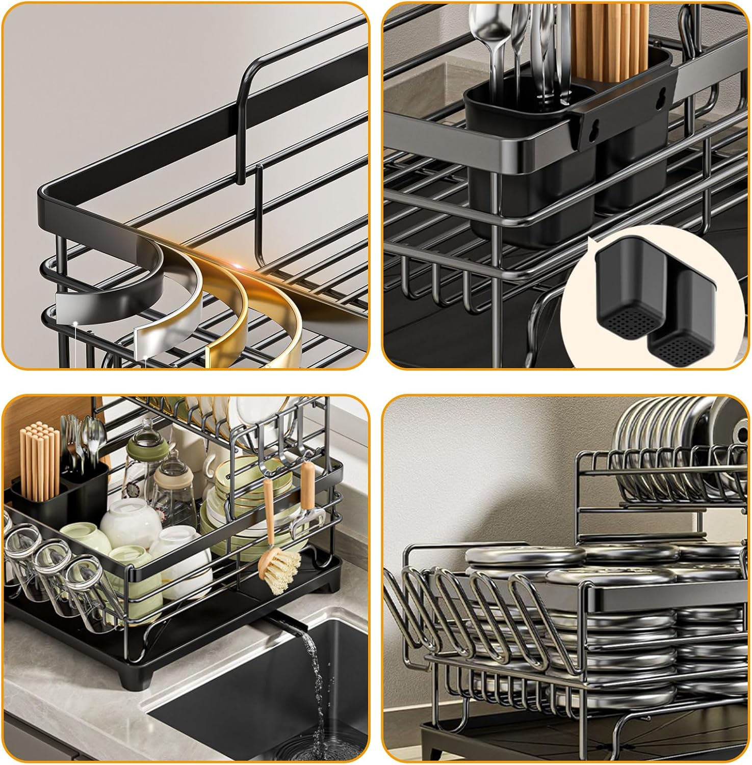 Dish Drying Rack, Kitchen Storage & Organisation - over Sink Dish Drainer with 360&deg; Rotating Drain Board, Cup Holder, Chopping Board Stand, Utensils Holder, Strong Carbon Steel Plate Rack image number 4