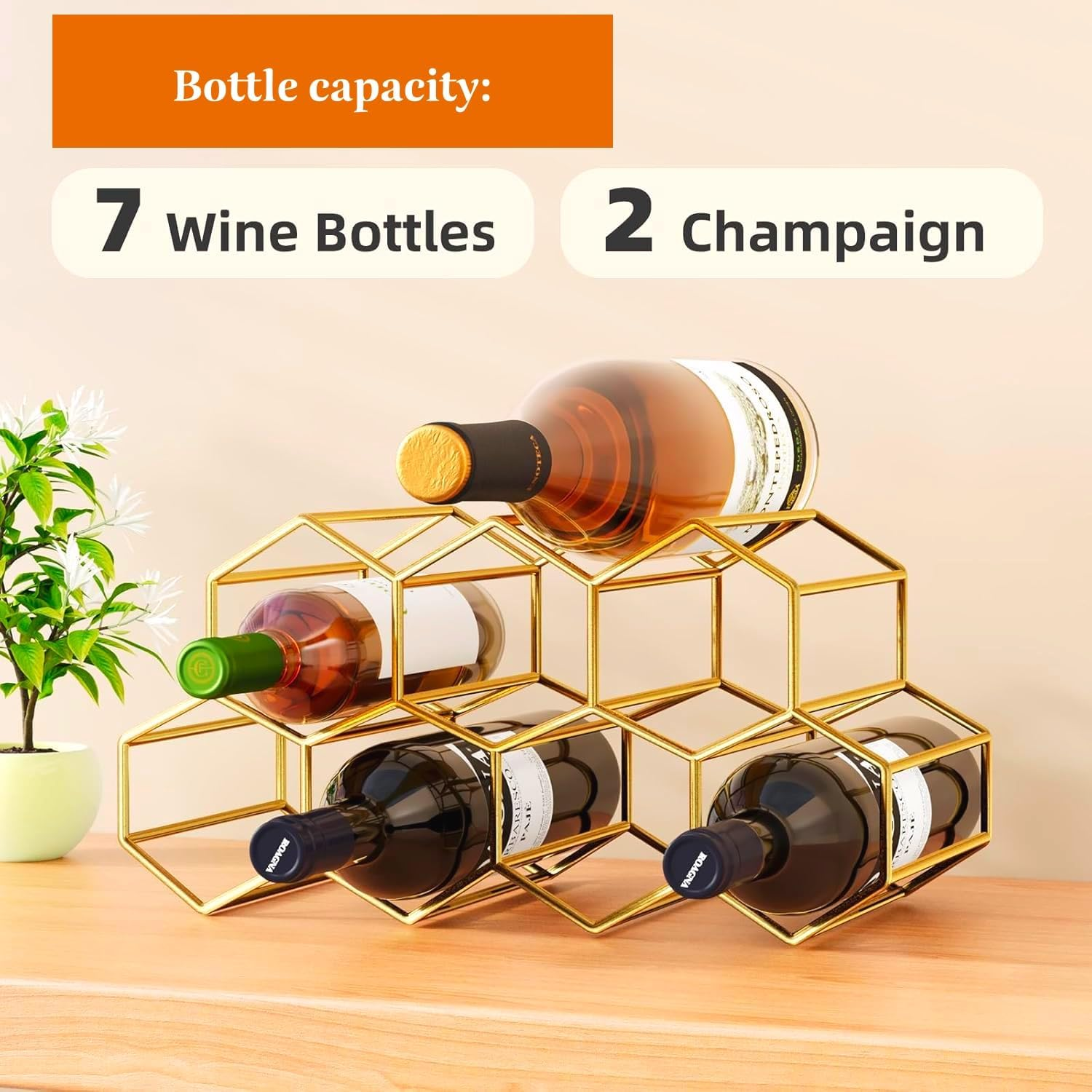 Urban Deco 9-Bottle Wine Rack - Industrial Metal Storage Shelf, No Assembly Space-Saving Design for Kitchen Countertop/Coffee Bar/Pantry (Gold, 9 Bottles)