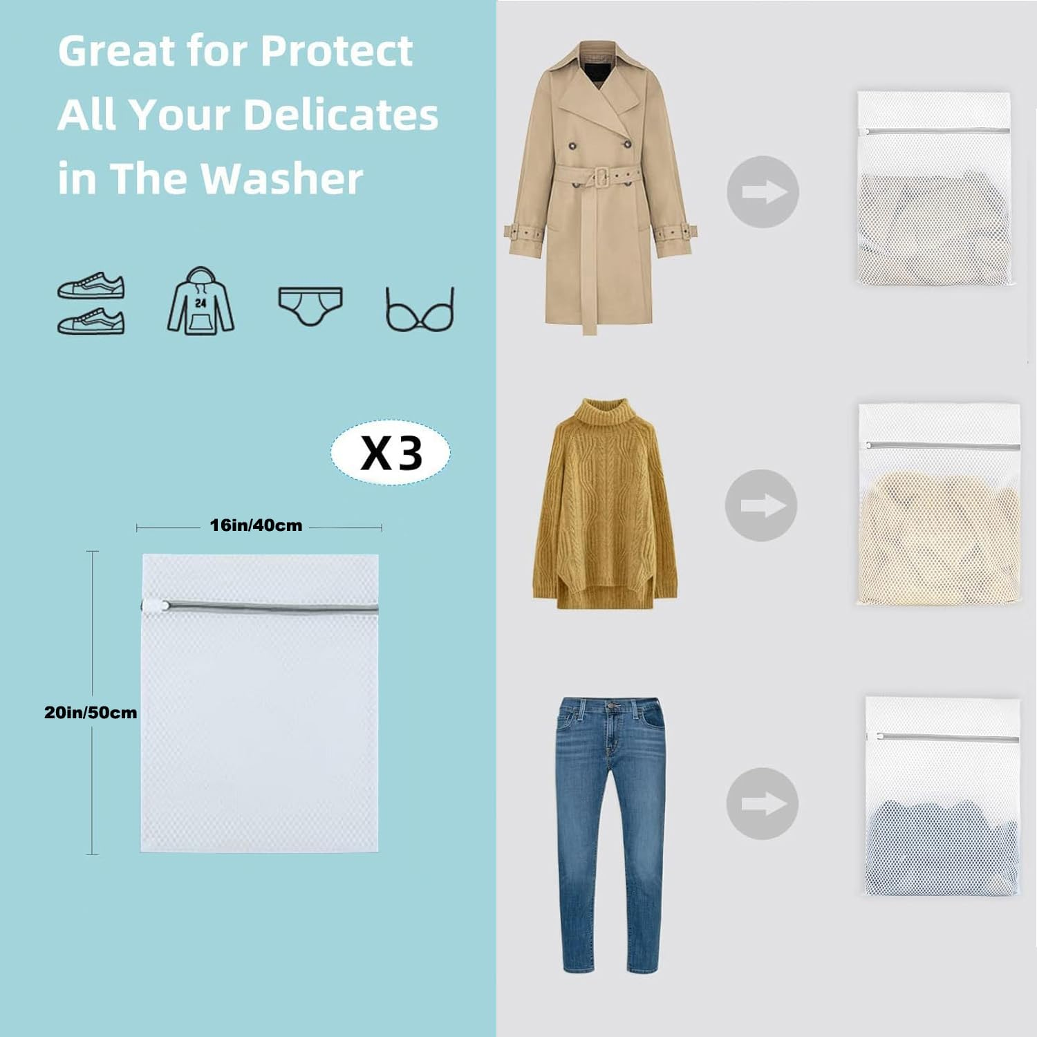 Aieve 3 PCS Honeycomb Mesh Laundry Bags, 16 X 20 Inch Durable Washing Bag for Smalls, Clothing, Footgear, Travel Storage Organize Bag (3 Large) image number 4