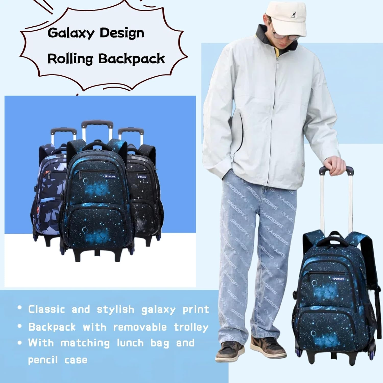 Galaxy Print Rolling Kids Backpack for Boys School Bag Elementary Bookbag with Wheels, 3Pcs-Style B-Galaxy-Black Blue, 3Pcs Rolling Backpack Set, Daypack Backpacks image number 1