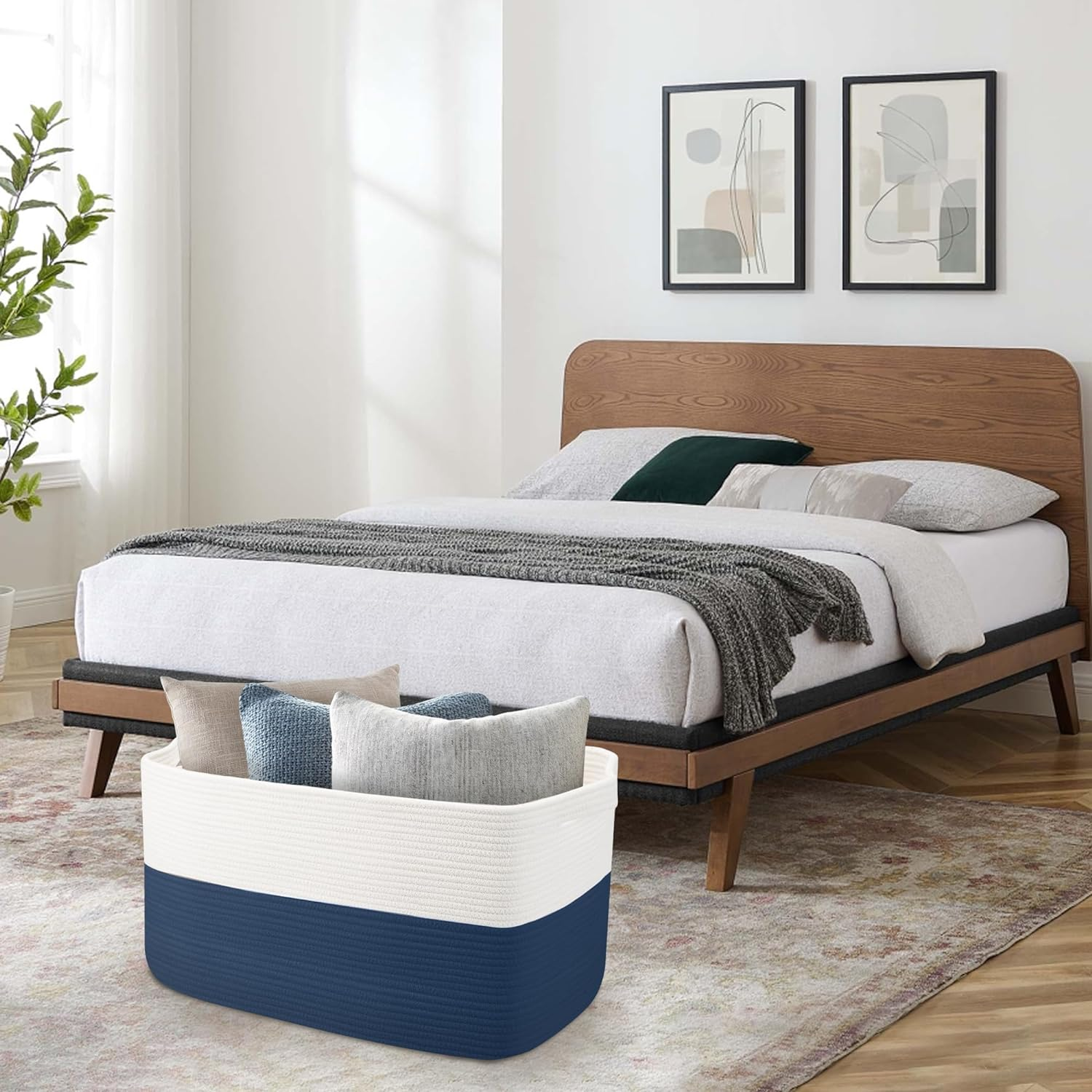 MEGASKET Extra Large Rectangle Rope Basket, 23.6" X 15.7" X 14.1" Kids Room Toy Stuffed Animals Basket Box Organization, Towel Storage Basket, Baby Clothes Basket, Living Room Storage Bin, Dark Blue - Brown image number 3