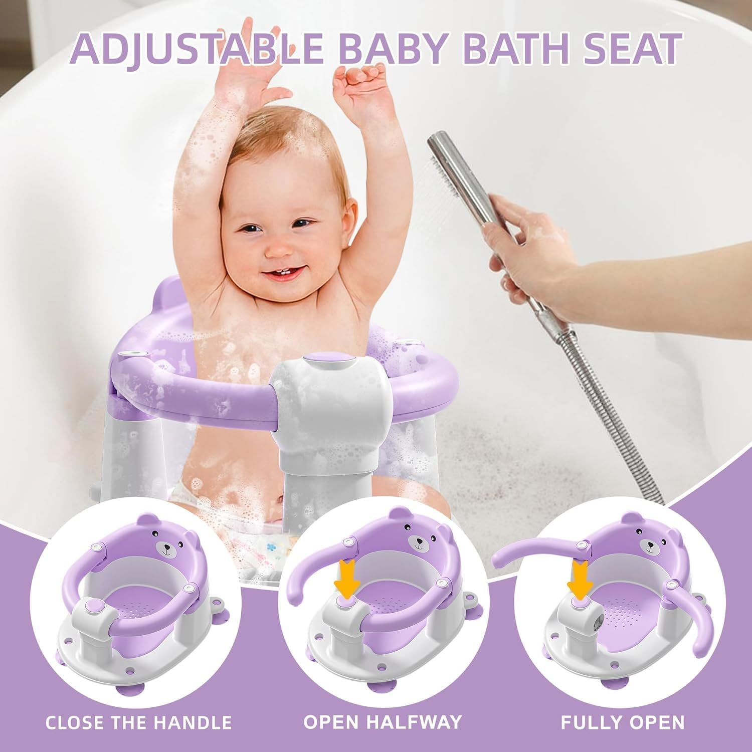 Baby Bath Seat for Babies 6 Months & Up, Toddler Bath Seats for Babies Sitting Up, Non-Slip Infant Bath Tub Chair with 4 Suction Cups & Soft Cushion for Shower, Compact Toddler Bathtub Seat Purple image number 5