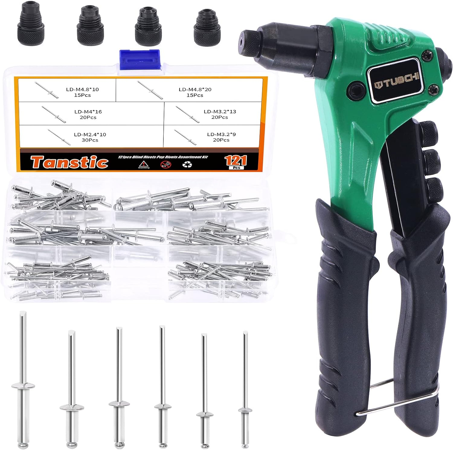 Tanstic 121Pcs 8&rdquo; Rivet Gun with Aluminum Rivets Assortment Kit, Rivet Gun Kit, M2.4 M3.2 M4 M4.8 Blind Rivets Pop Rivets with Storage Case image number 2