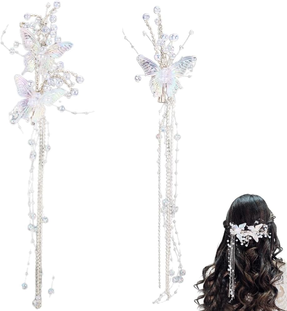 CABODYALS Set of 2 Butterfly Tassels Hair Clips with White Pearls Rhinestone Crystal Beads Decorative Hair Pins for Weddings Hair Clips Jewellery Set for Women Bridal Shower Wedding Dresses Cosplay image number 5