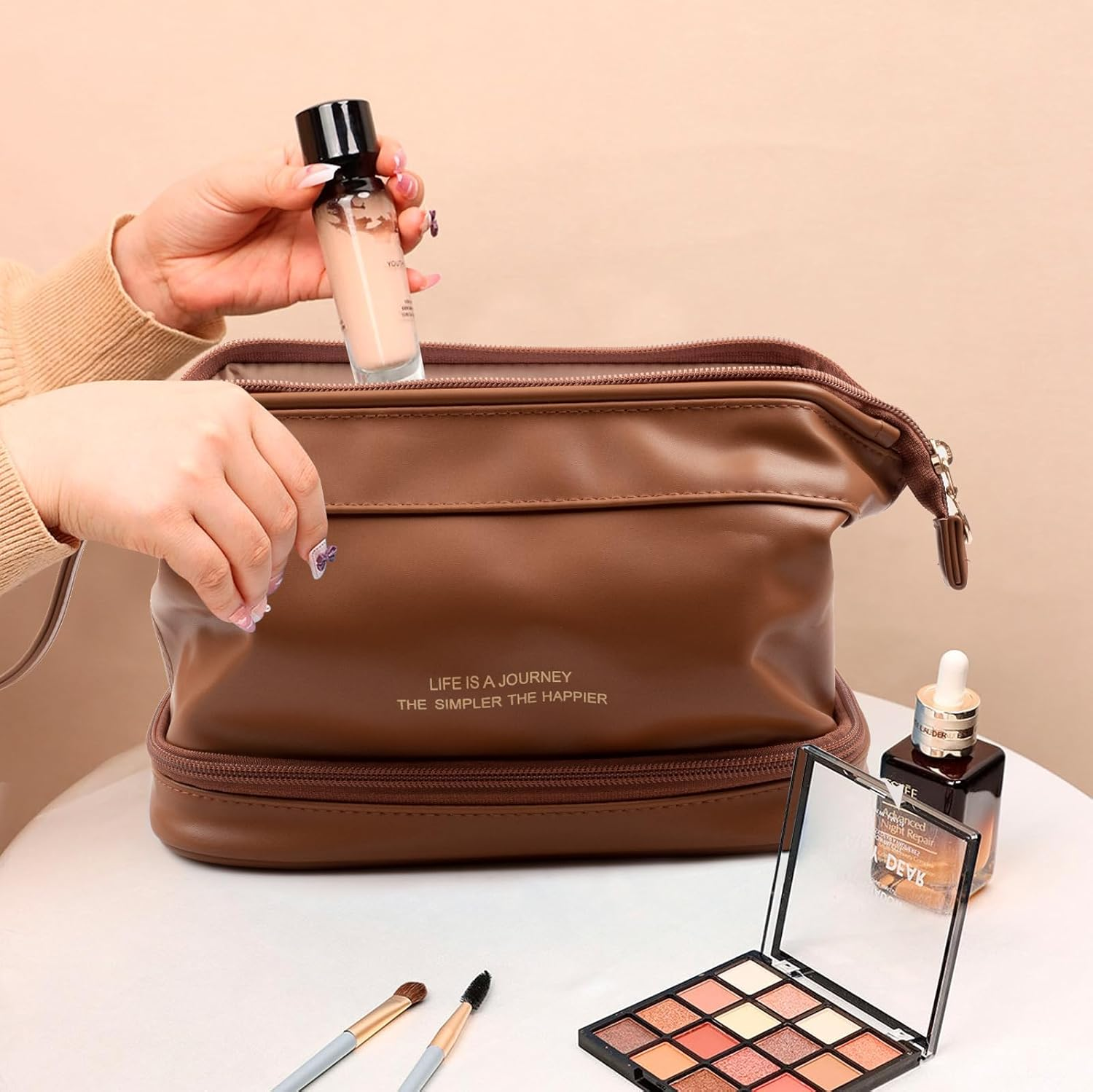 IKEEP Women'S Travel Makeup Bag - Premium PU Large Capacity Toiletry Organizer with Multiple Compartments, Portable Water-Resistant Cosmetic Bag (Brown) image number 1