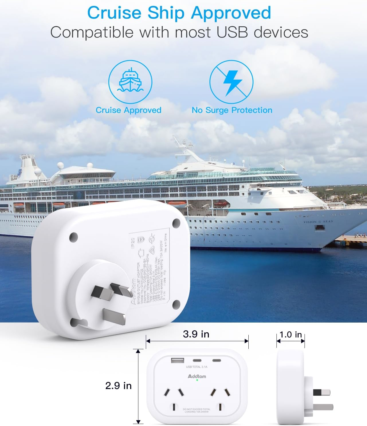 Power Board, Power Strip with 3 USB Ports (2 USB C), No Cord Extension Board, Double Adapter, Outlet Extender, Multi Plug Outlet, Cruise Ship Accessories for Home, Office, Bedroom, Travel