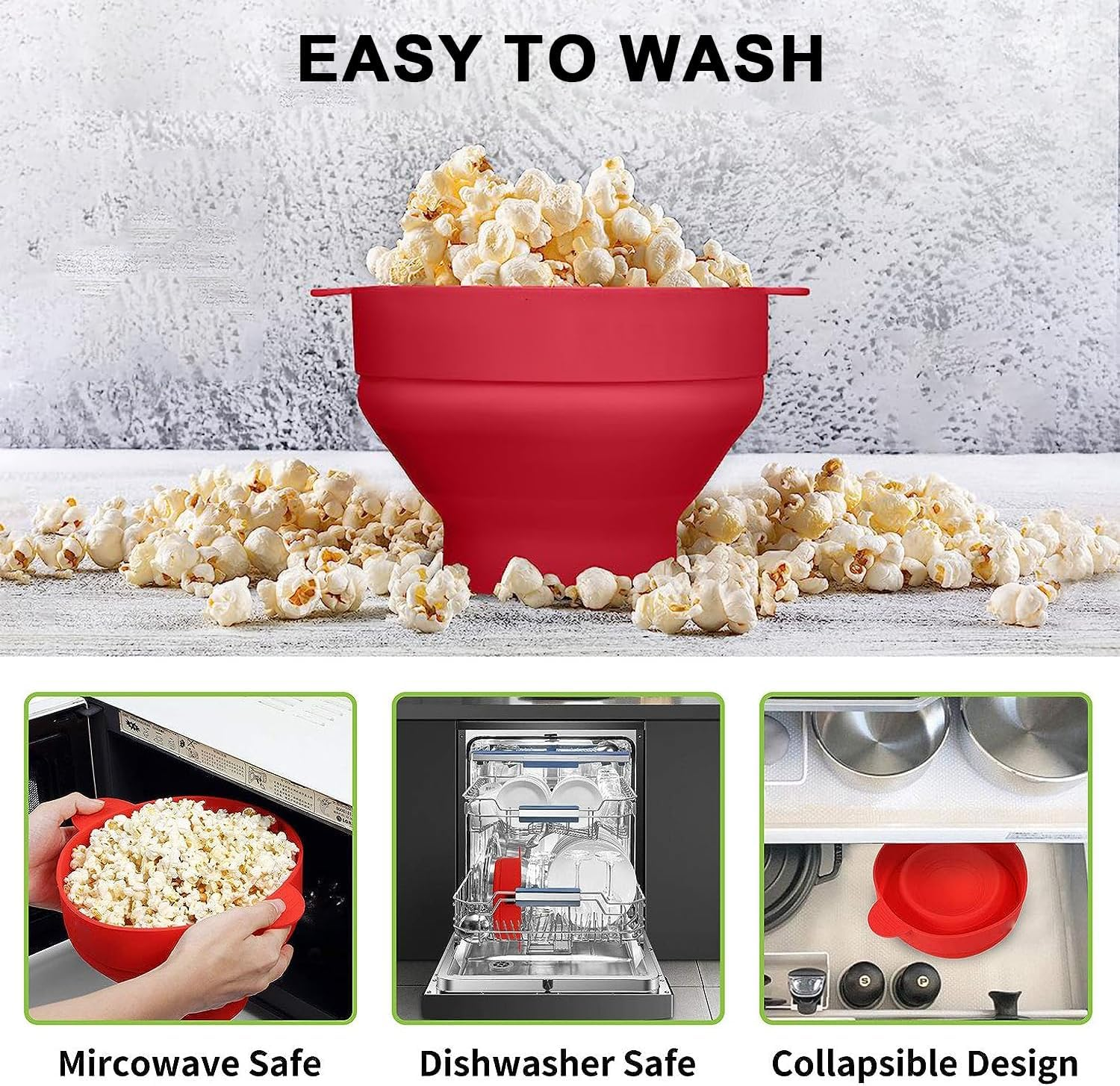 Microwave Popcorn Maker, Popcorn Bowl, Silicone, Collapsible Microwaveable Bowl. Silicone Microwave Popcorn, with Handle, Dishwasher Safe, Oil Free, Bpa Free, High Temperature Resistant (Red) image number 3