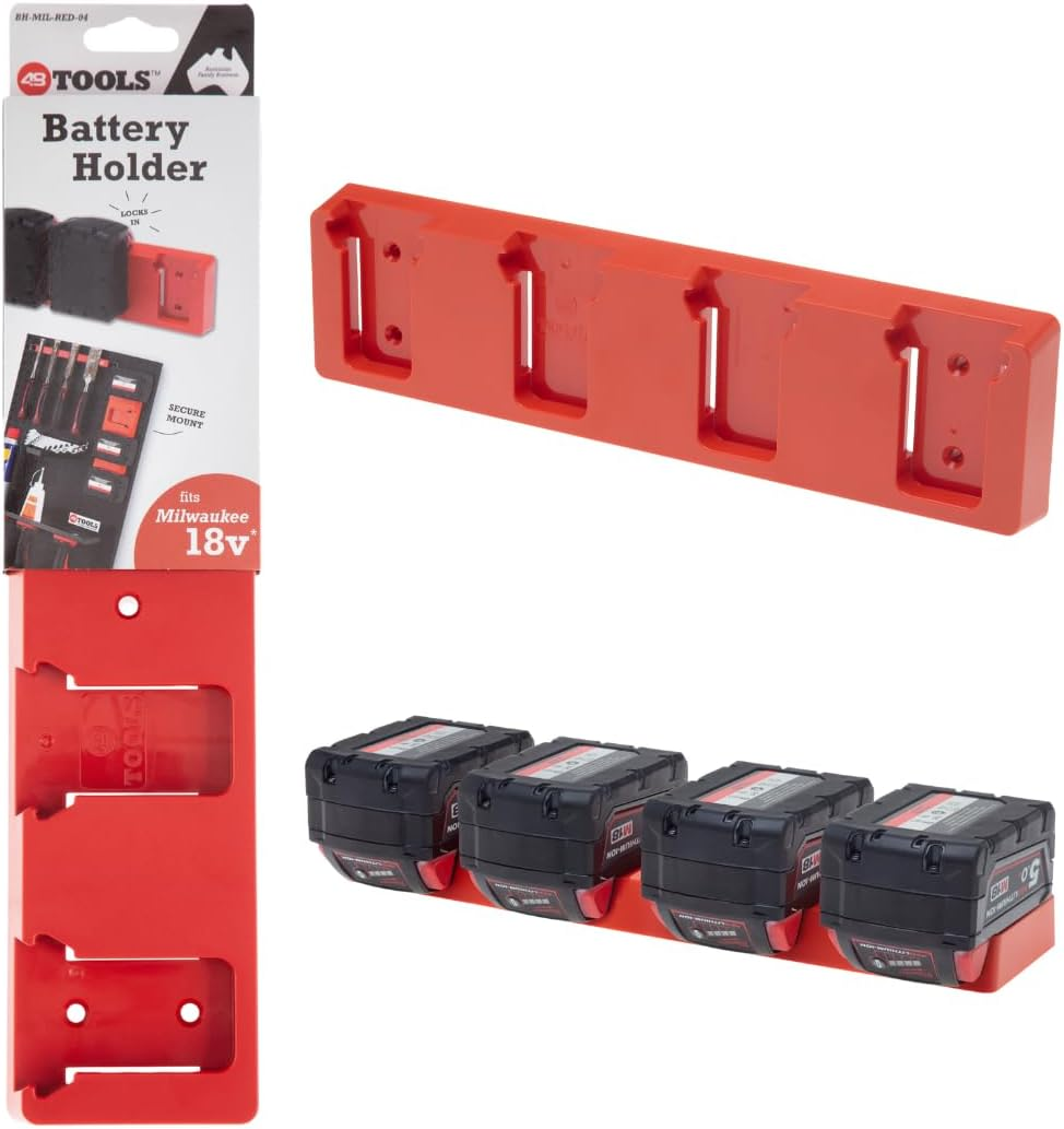 48 Tools Milwaukee M18 18V Battery Wall Storage Mount - Durable ABS, Easy Install, 4-Bay Holder for Workshop, Trailer, Van