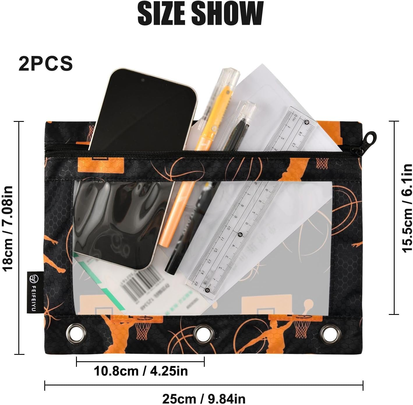 Orange Basketball Players Black Pencil Zipper Pouch with Clear Window for Home/Office/School Supplies, 2 Pack - Palm Trees Striped image number 7