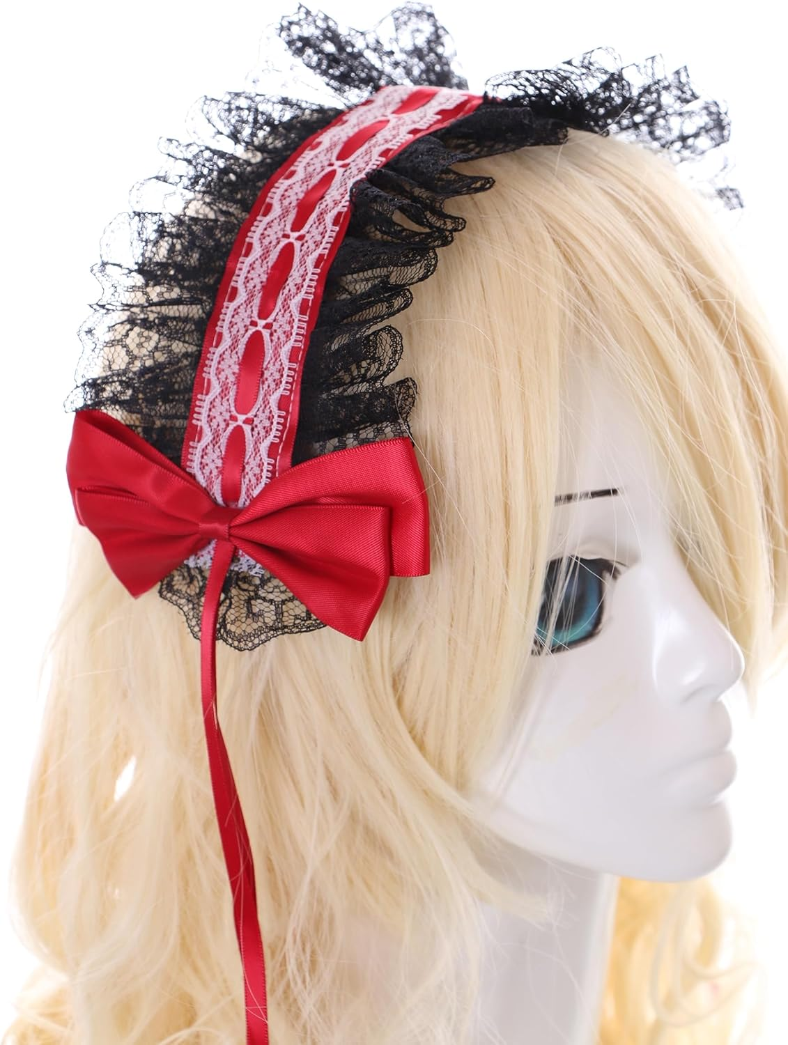C-08-3 Black Red Maid Maid Lolita Hair Band Lace with Bow Gothic Hair Accessories Headband image number 2